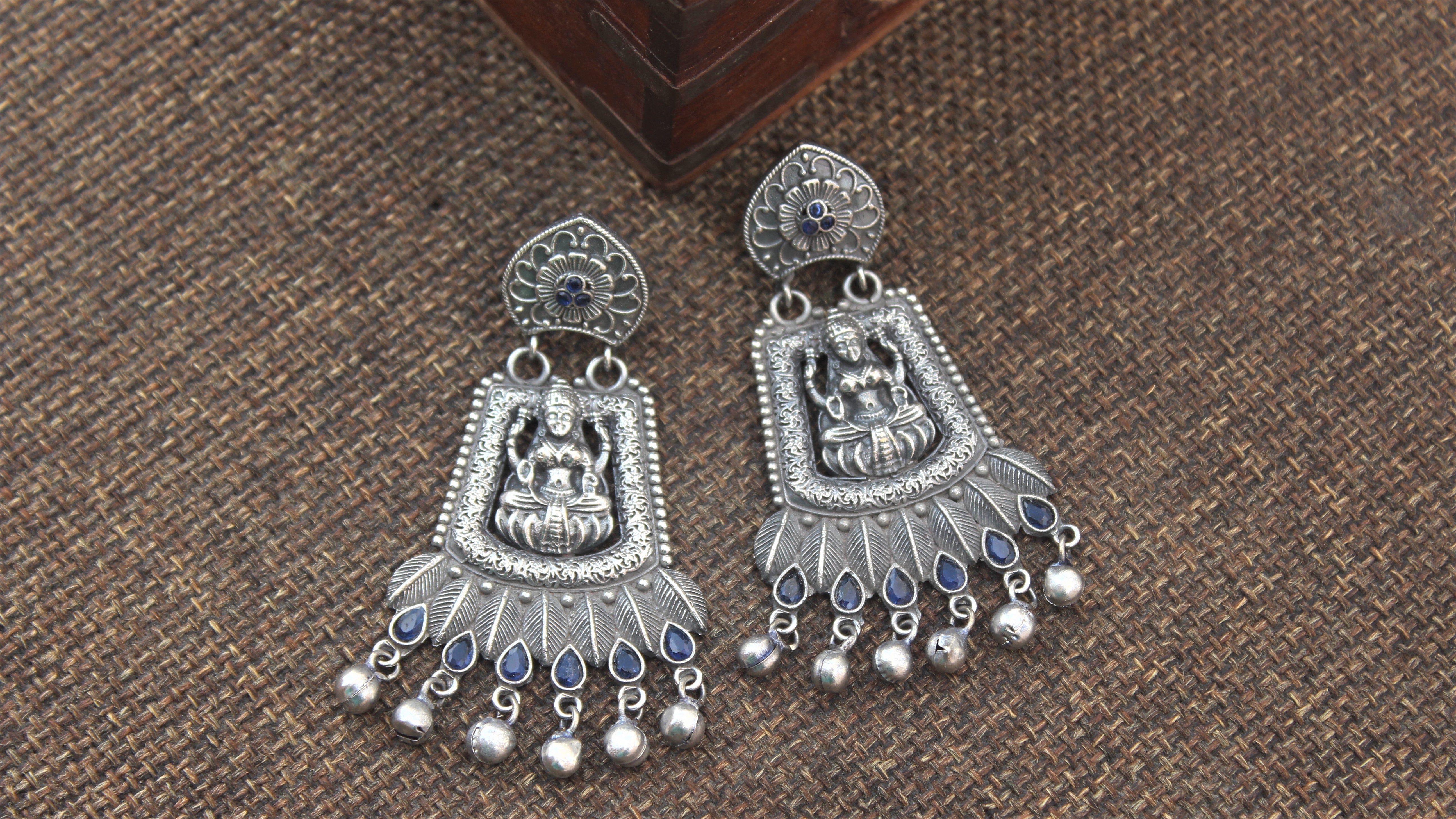 Premium Silver Look Alike Long Mahalakshmi Mandap Ghungroo Drops Earrings