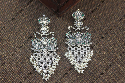 Tribal Lotus Lakshmi Jhali Earrings - Green