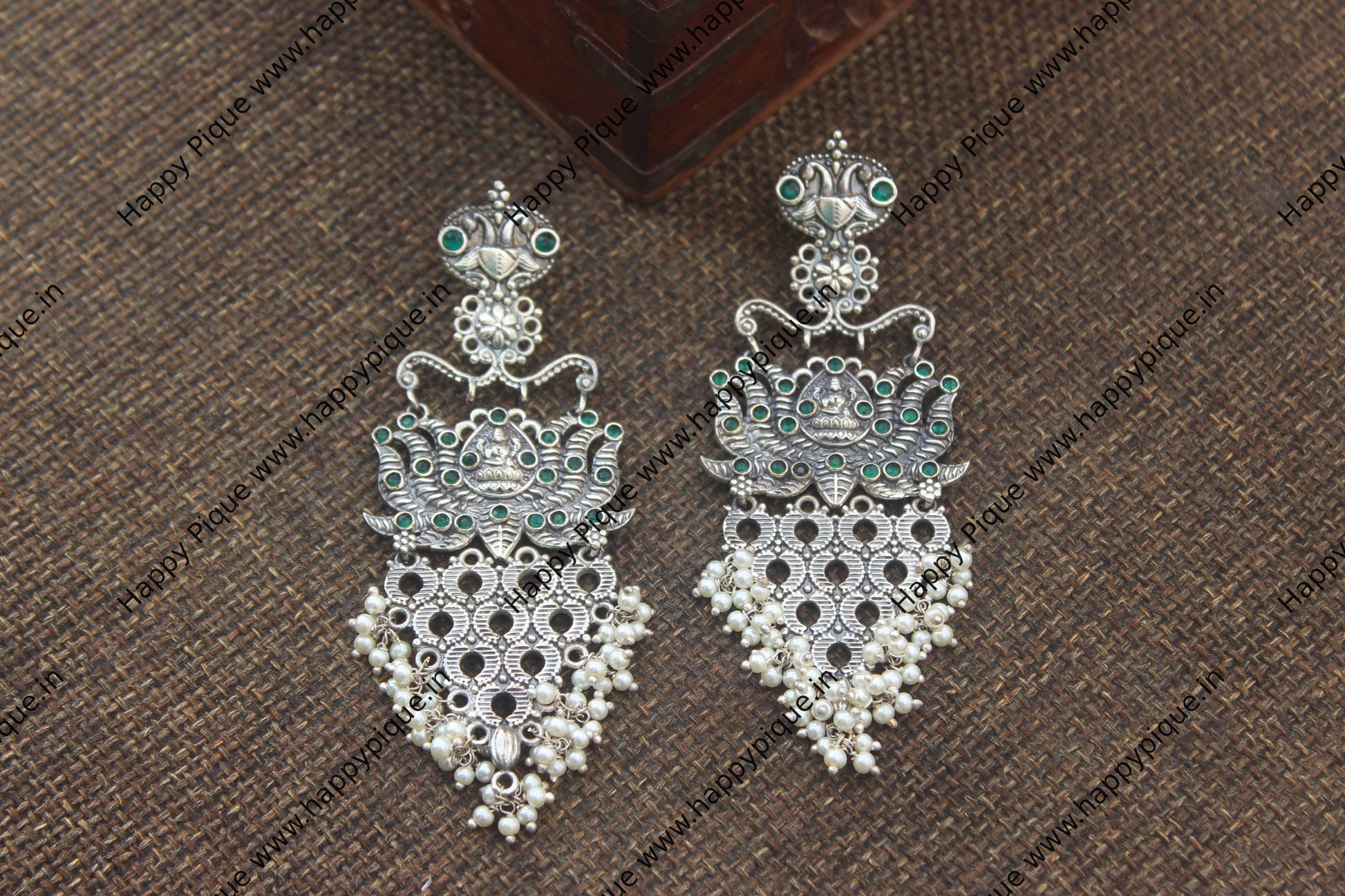 Tribal Lotus Lakshmi Jhali Earrings - Green