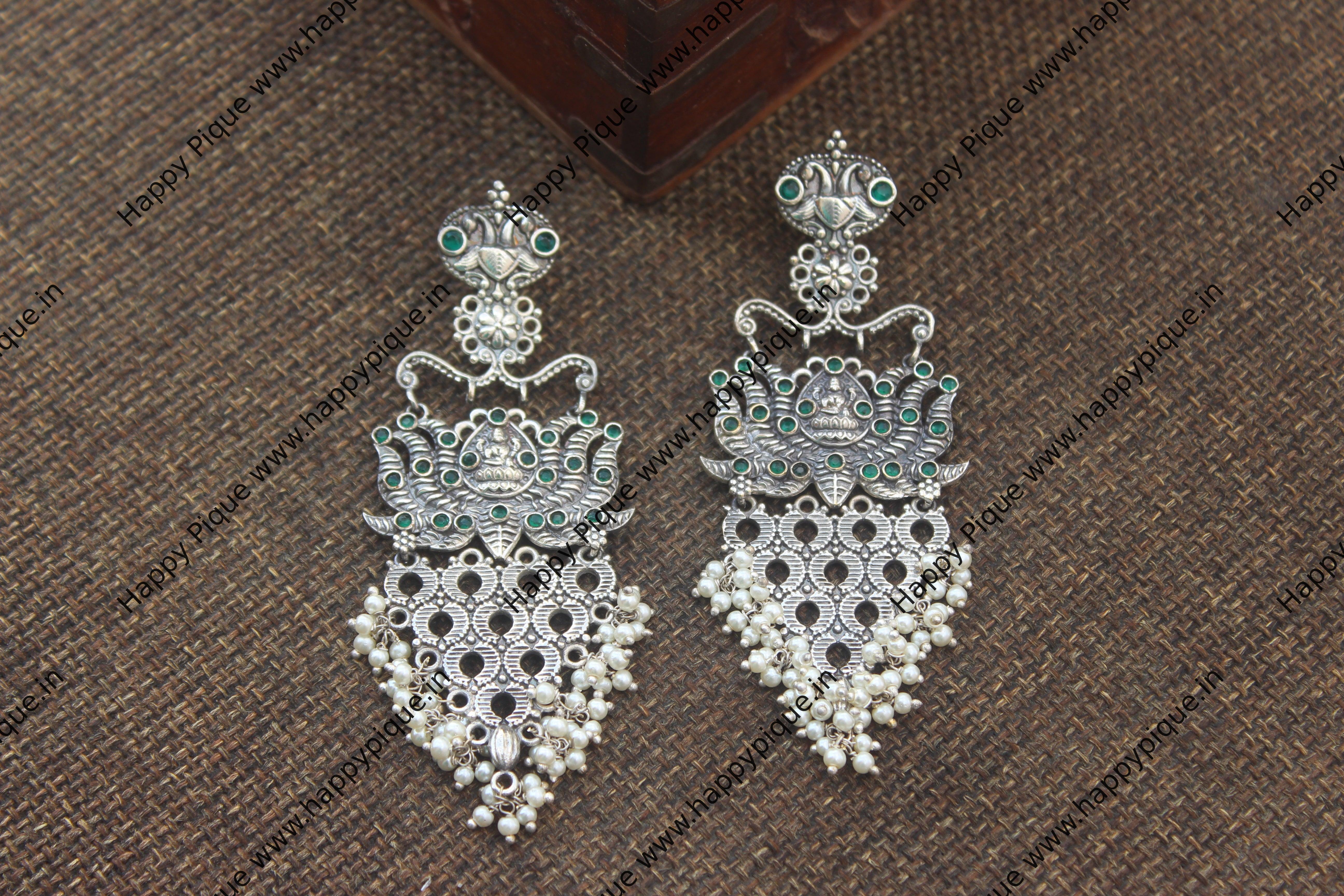 Tribal Lotus Lakshmi Jhali Earrings - Green