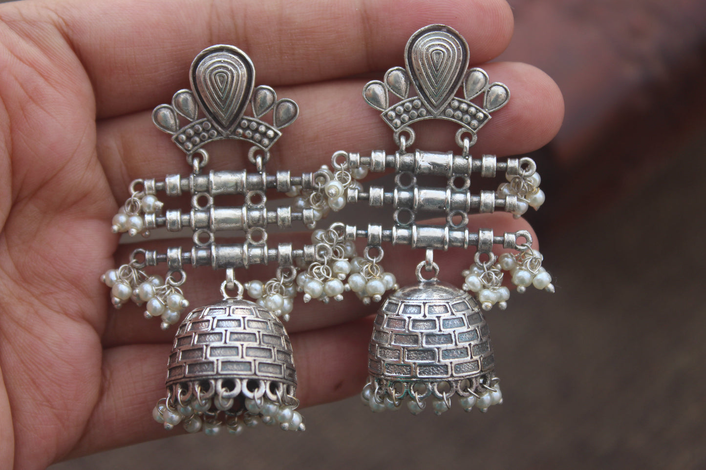 Premium Silver Look Alike Tribal Layer Jhumkas