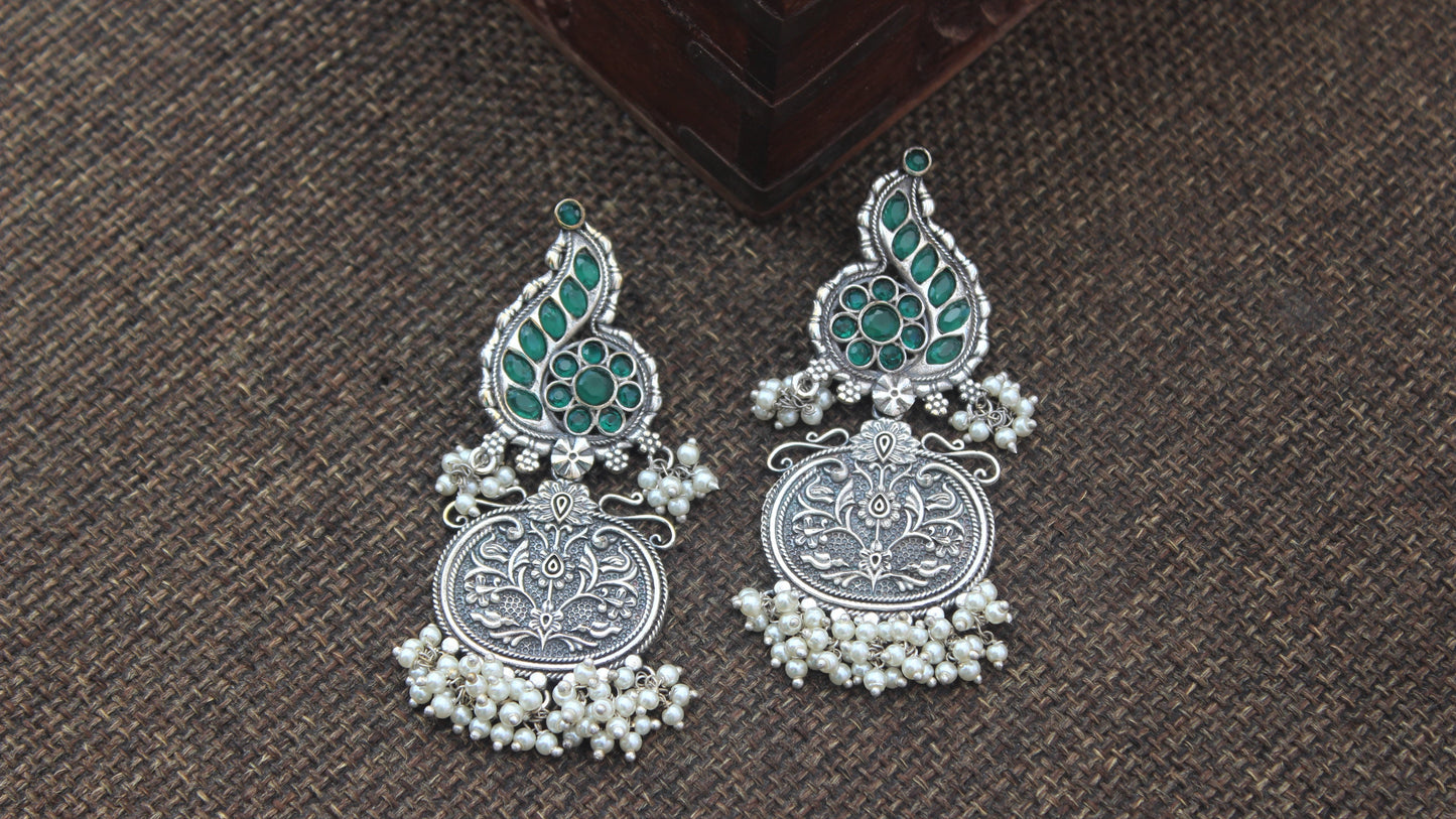 Premium Silver Look Alike Long Mughal Designer Drops Earrings - Dark Green