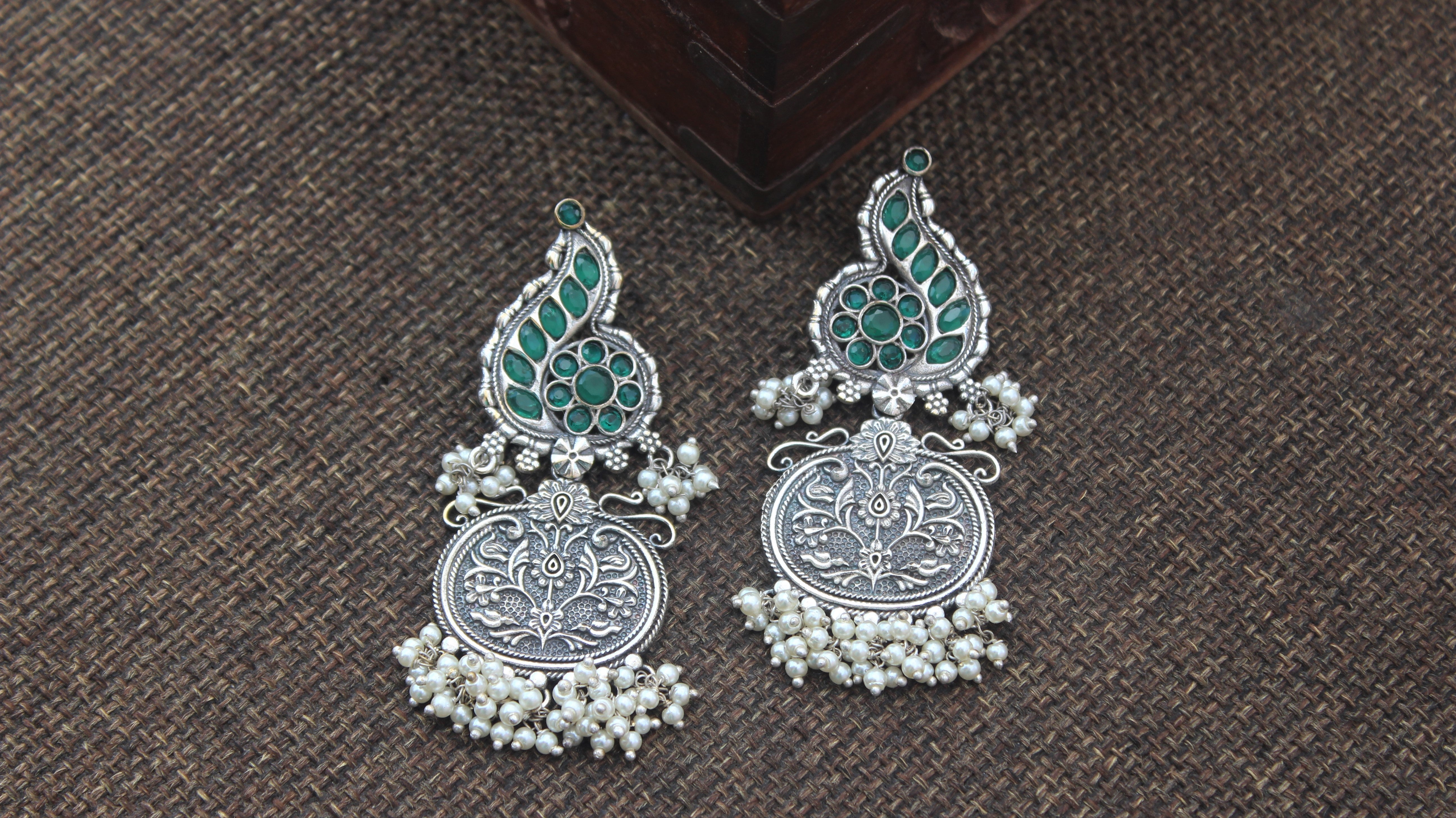 Premium Silver Look Alike Long Mughal Designer Drops Earrings - Dark Green