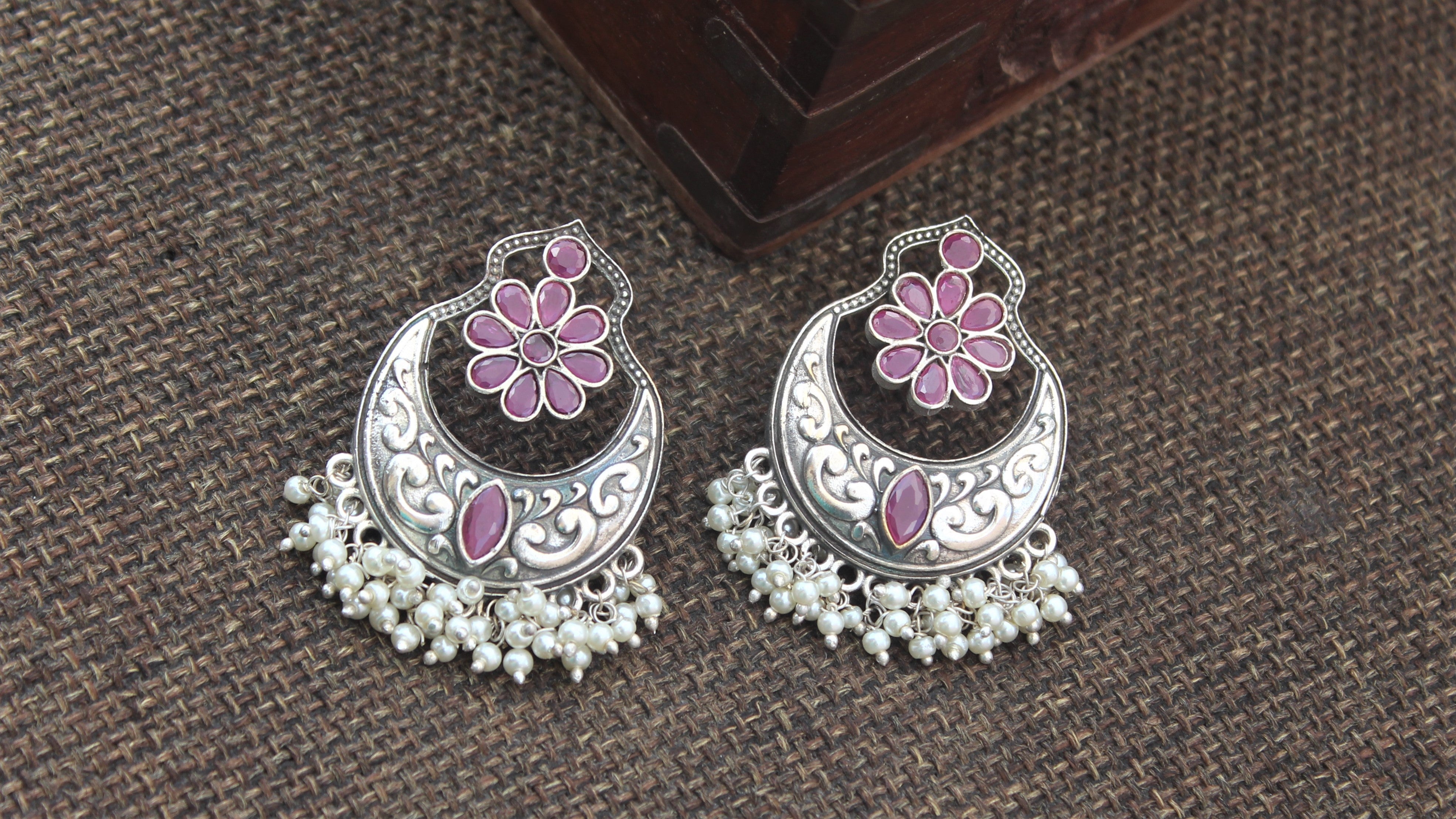 Premium Real Silver Look Alike Baali Earrings - Ruby