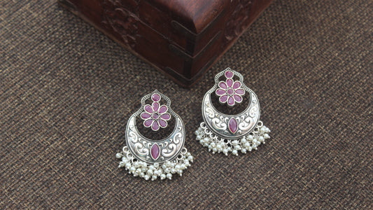 Premium Real Silver Look Alike Baali Earrings - Ruby