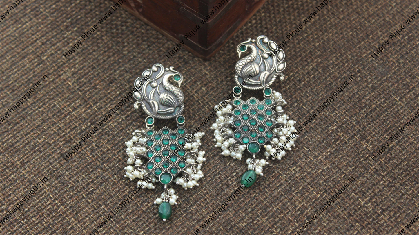 Premium Silver Look Alike Annapakshi Weaved Earrings - Green