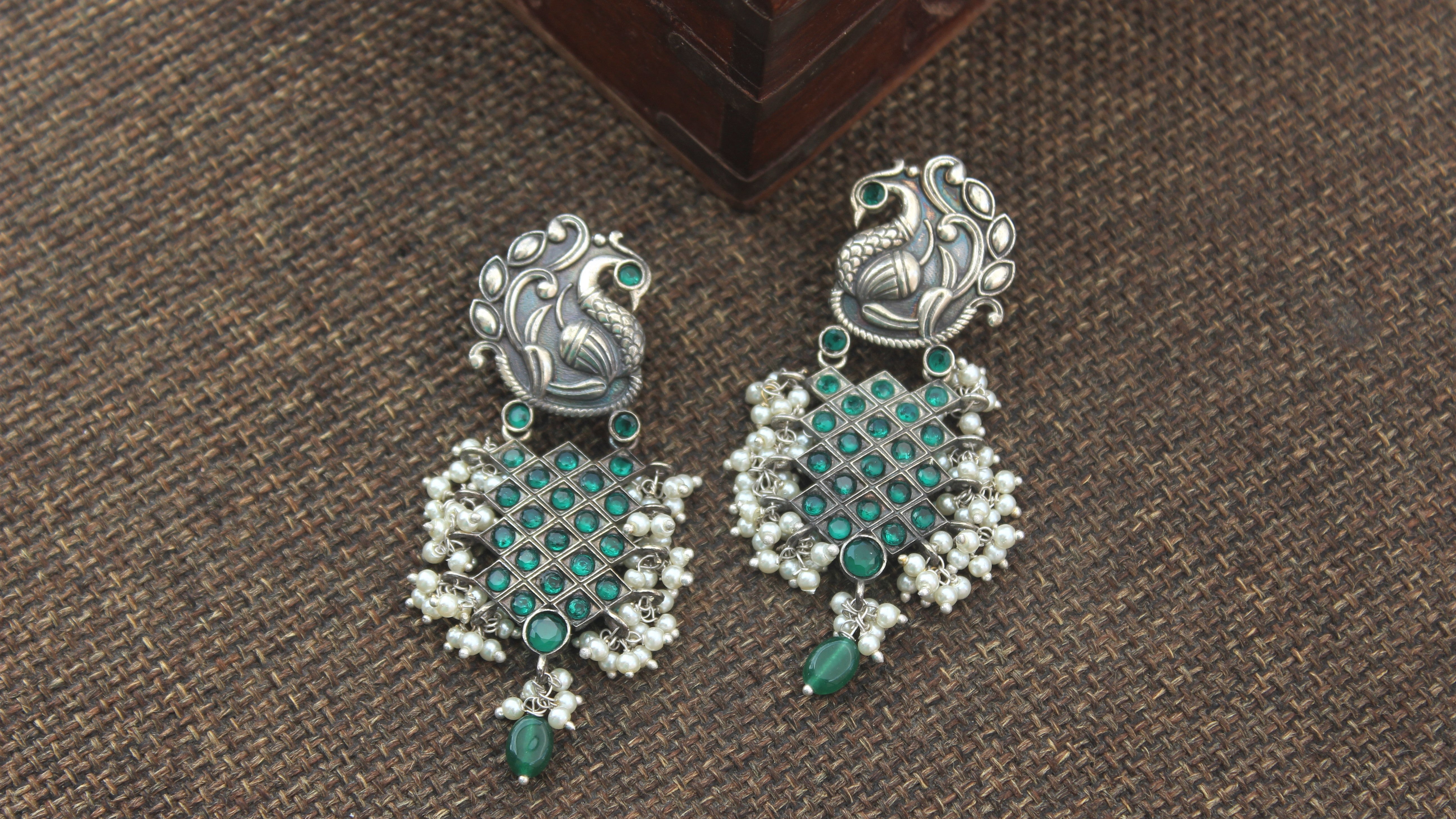 Premium Silver Look Alike Annapakshi Weaved Earrings - Green