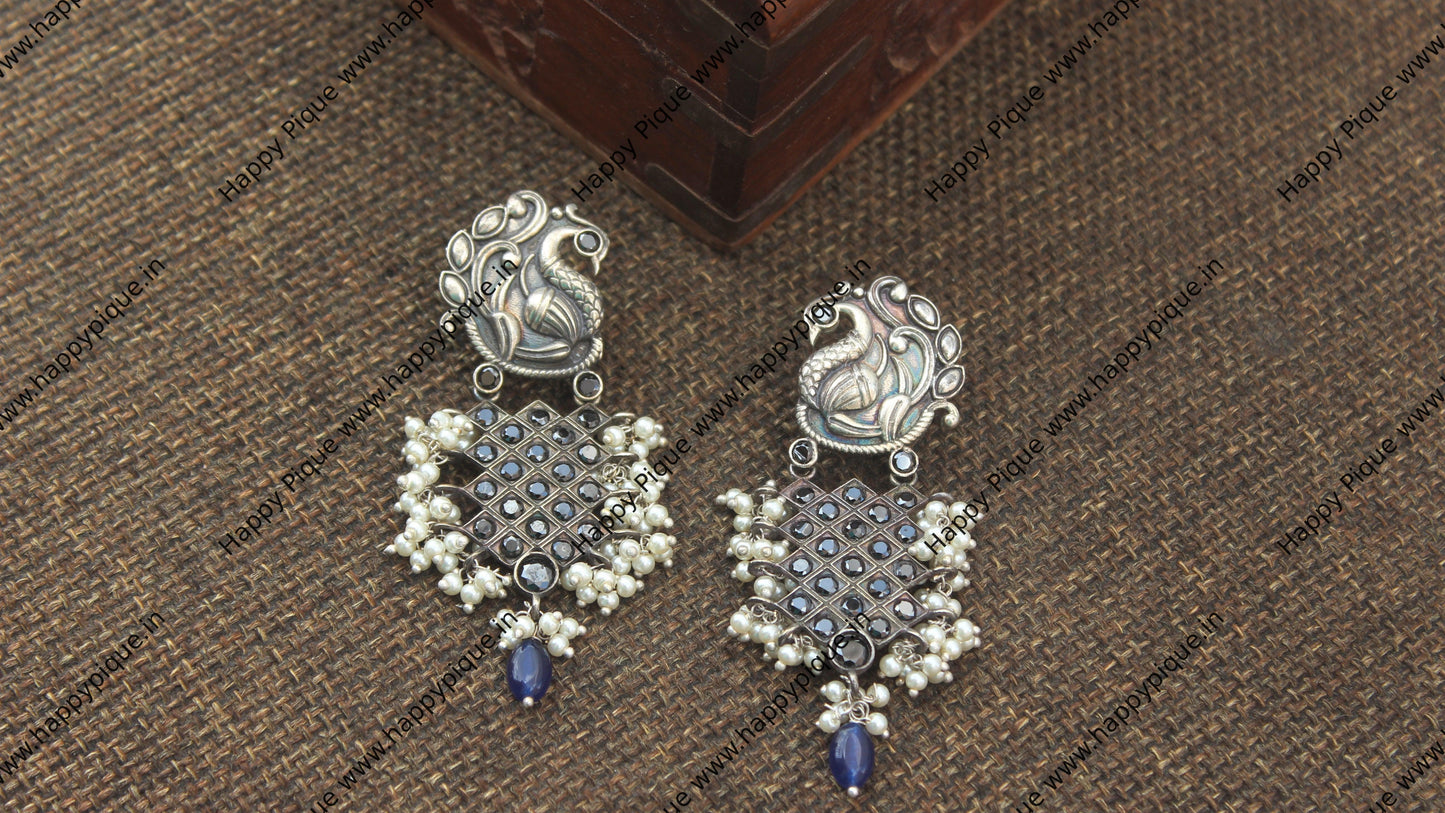 Premium Silver Look Alike Annapakshi Weaved Earrings - Black with Blue