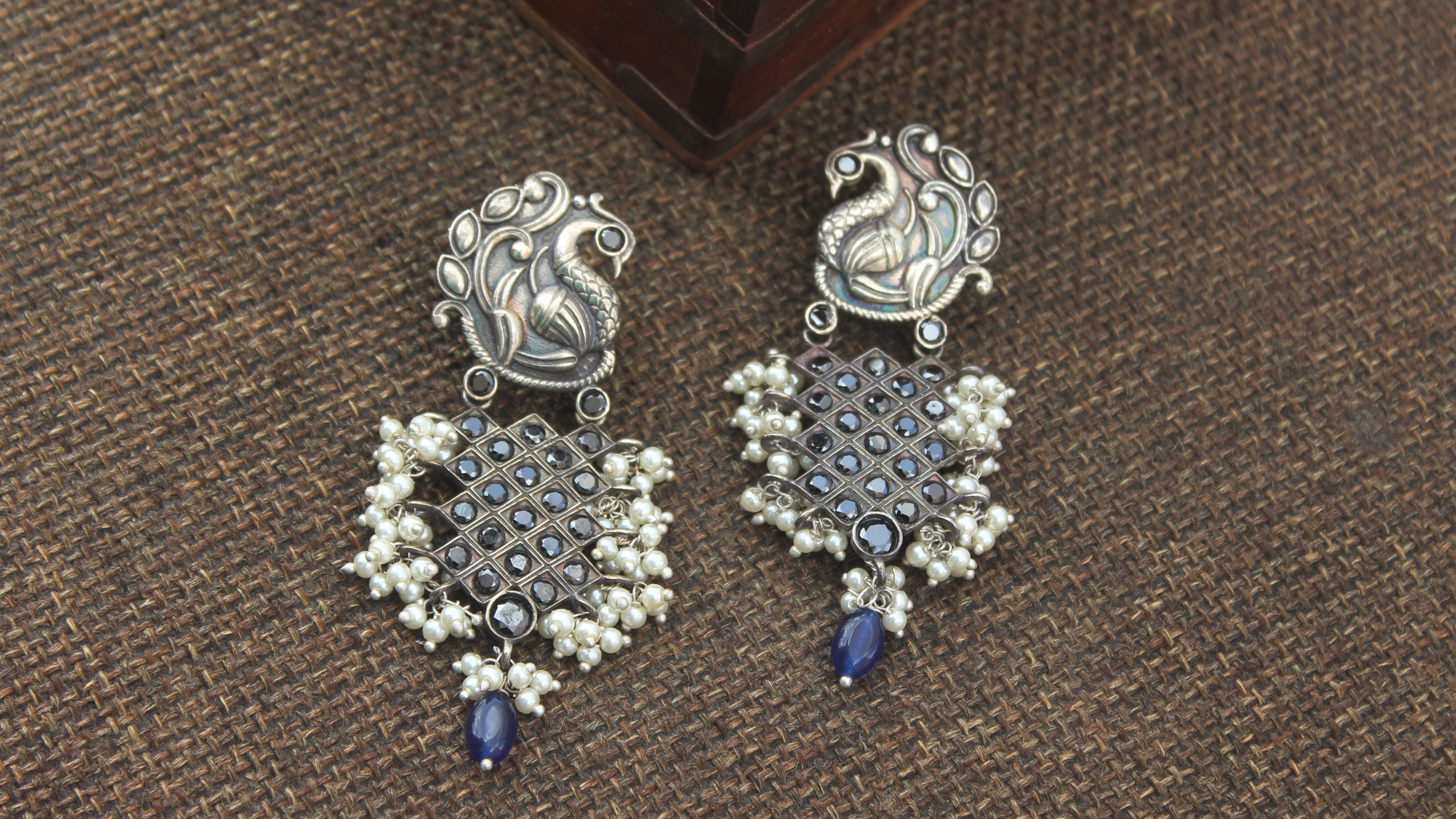 Premium Silver Look Alike Annapakshi Weaved Earrings - Black with Blue