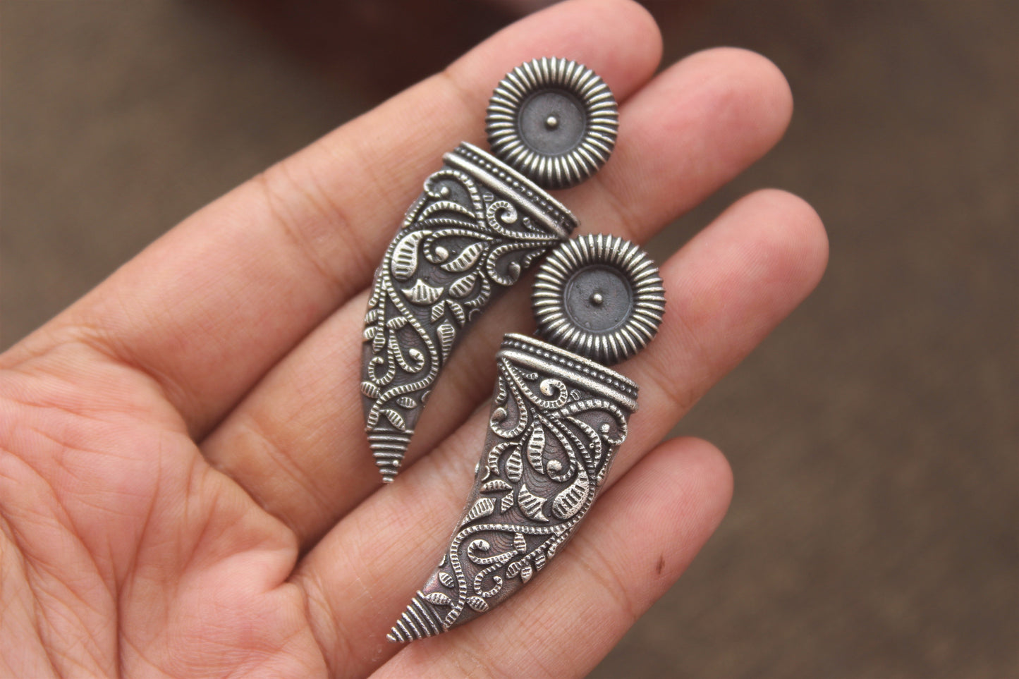 Premium Antique Silver Look Alike Designer Mughal Sword Earings