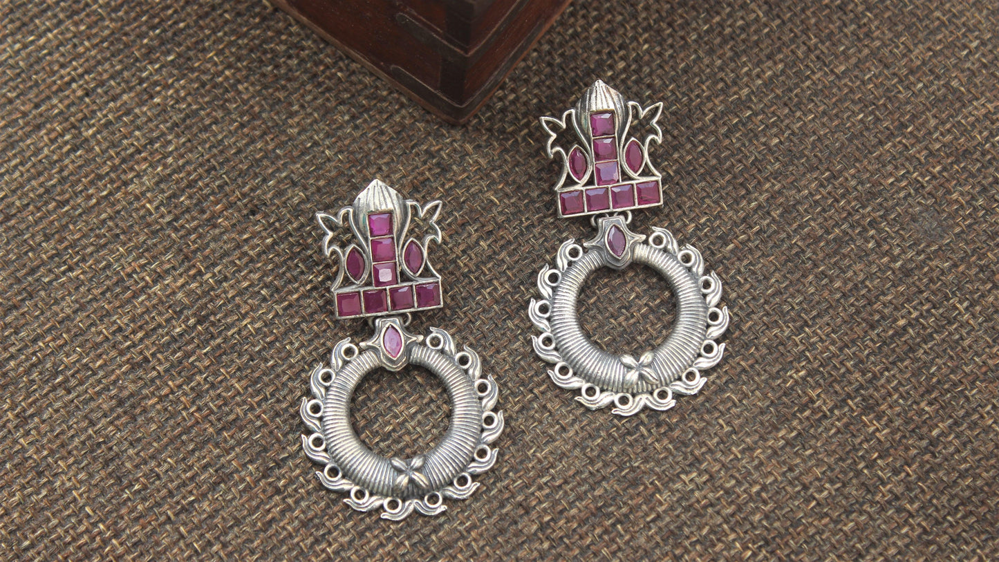 CZ Stones Studded Designer Long Bali Earrings - Ruby - Happy Pique 