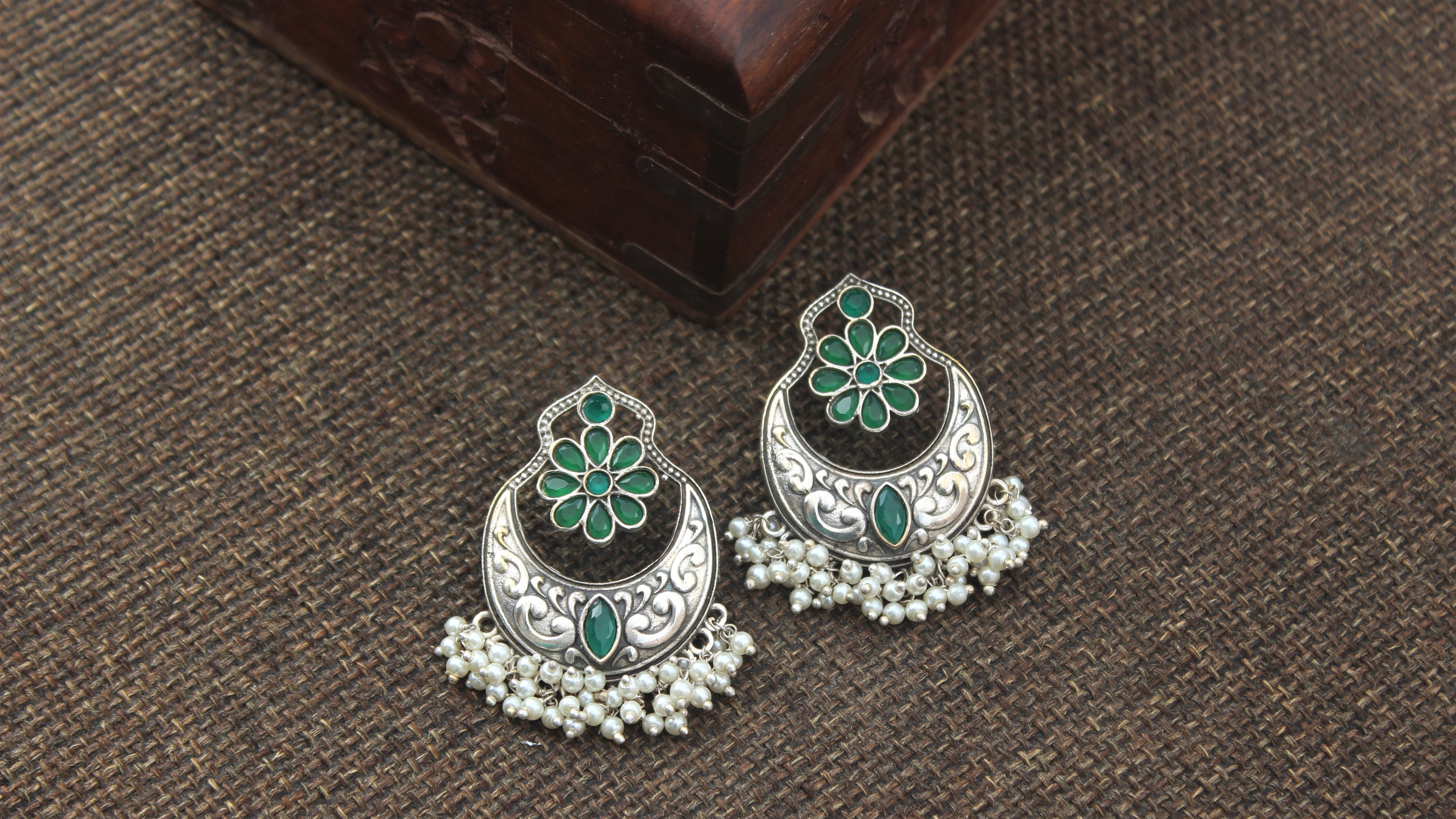 Premium Real Silver Look Alike Chand Bali Earrings - Green - Happy Pique