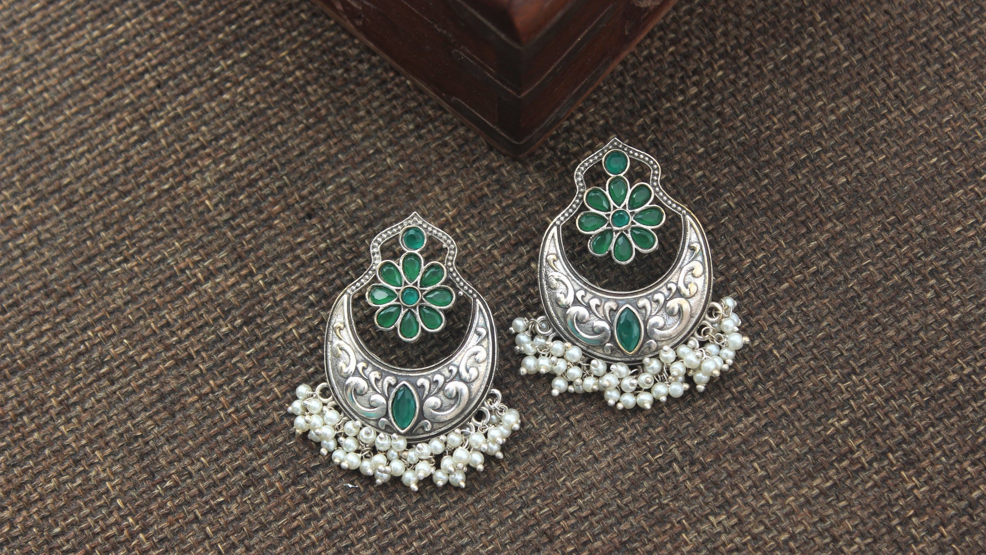 Premium Real Silver Look Alike Chand Bali Earrings - Green - Happy Pique