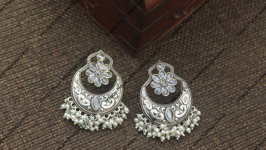 Premium Real Silver Look Alike Chand Bali Earrings - White - Happy Pique