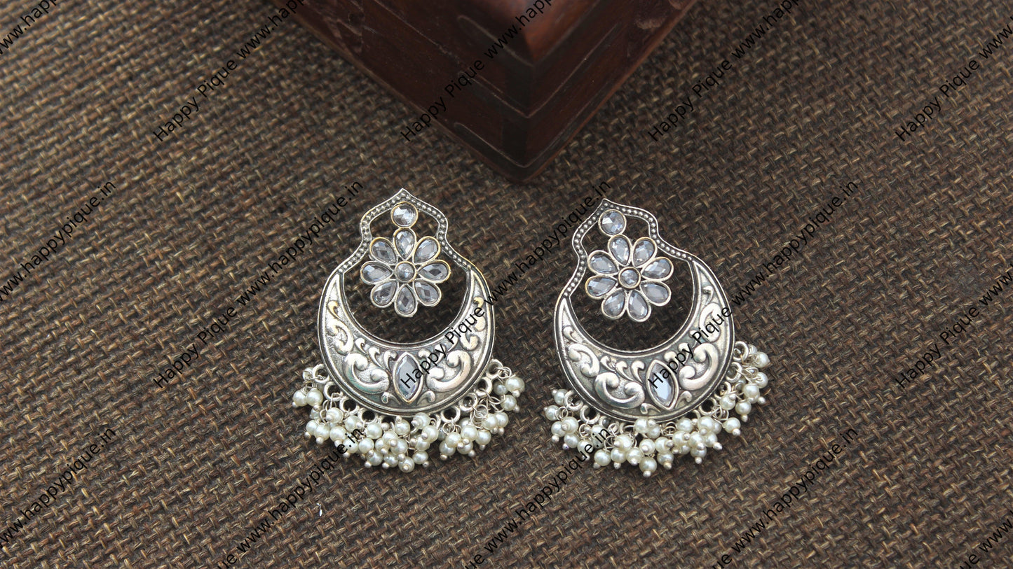 Premium Real Silver Look Alike Chand Bali Earrings - White - Happy Pique