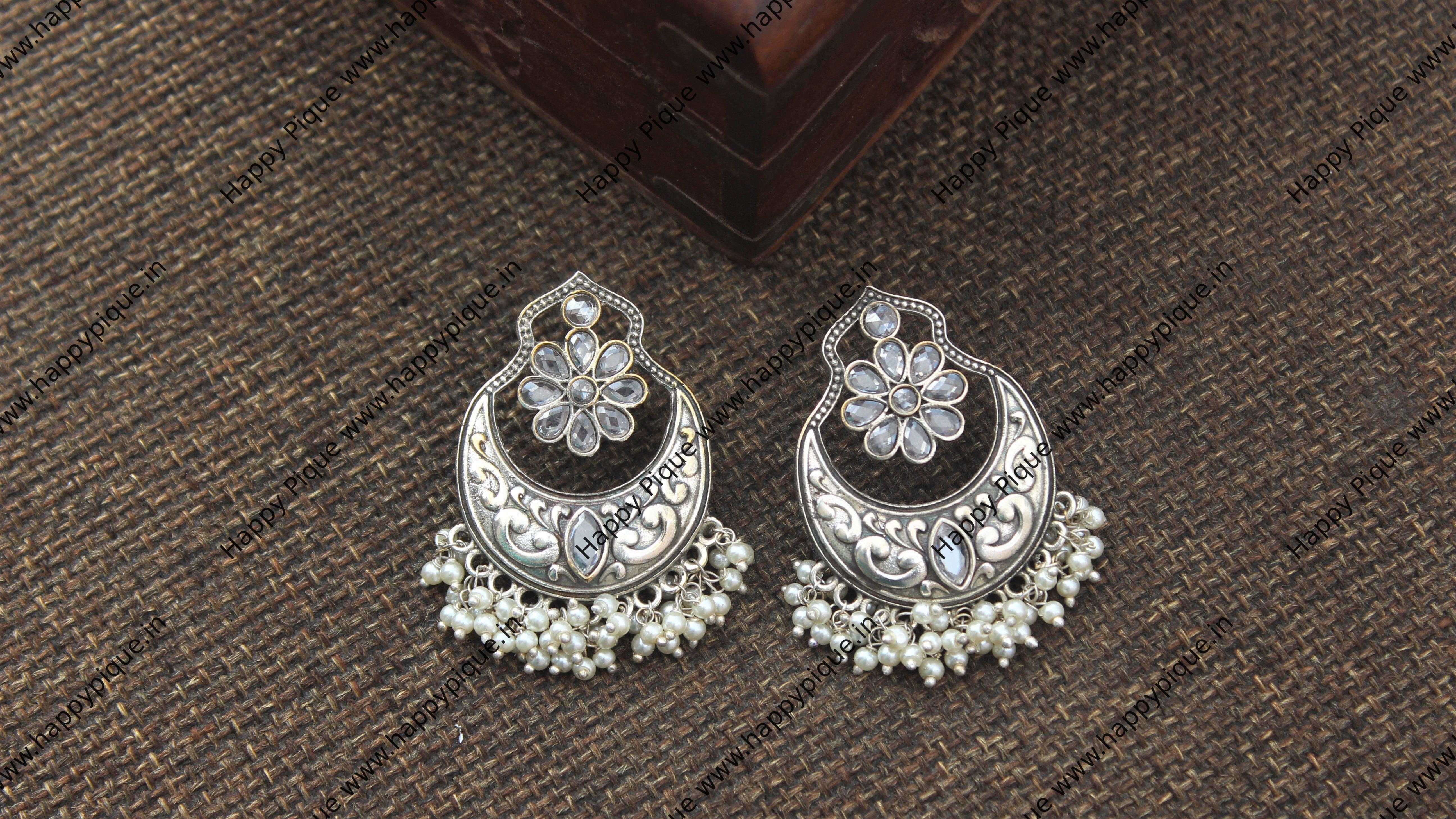 Premium Real Silver Look Alike Chand Bali Earrings - White - Happy Pique