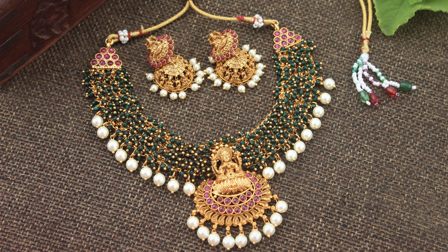 Gold Look Alike Naagas Mahalakshmi Bridal Beads Necklace - Happy Pique 