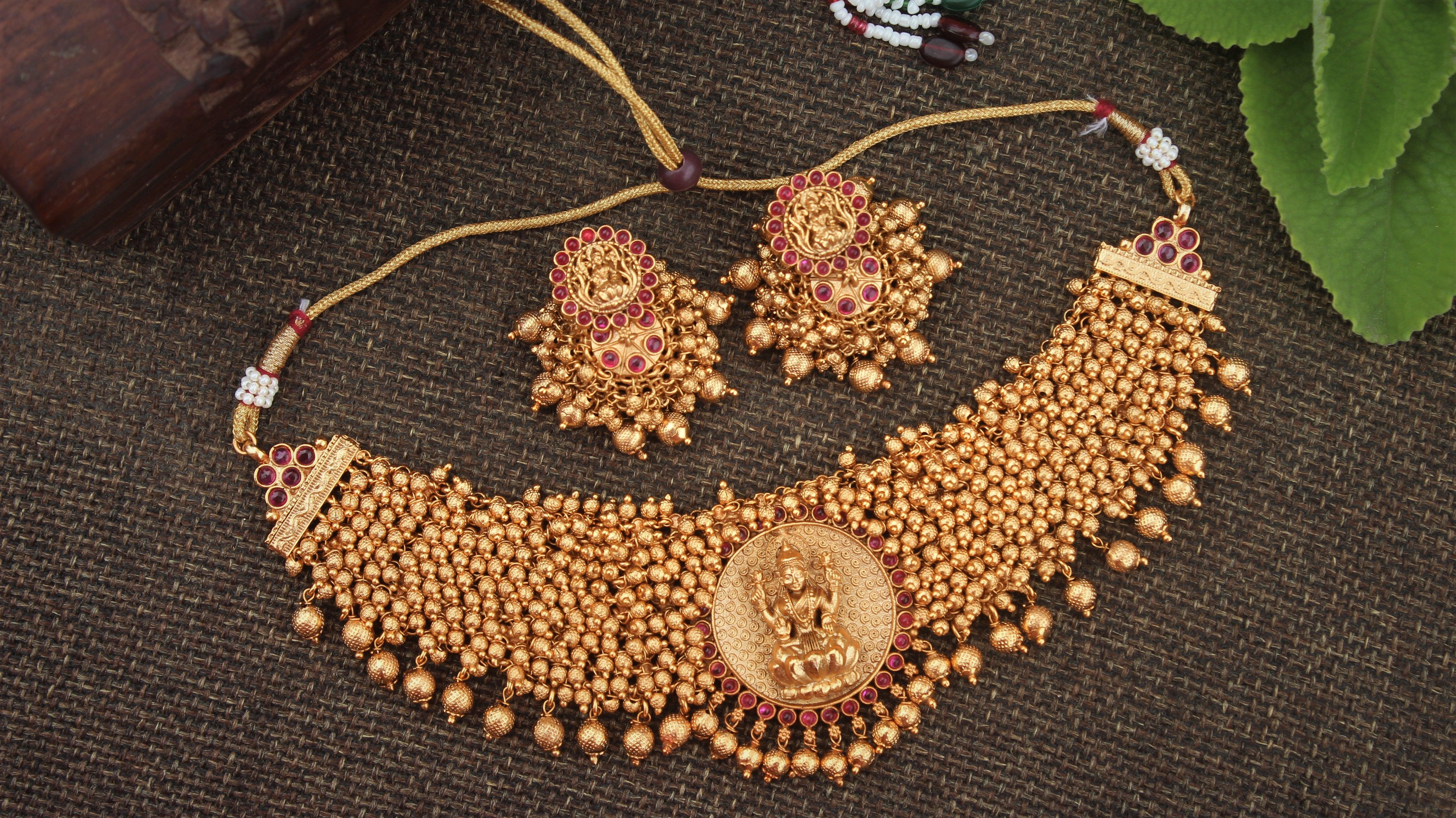 Heavy Antique Golden Beads & Balls Lakshmi Traditional Choker - Happy Pique 