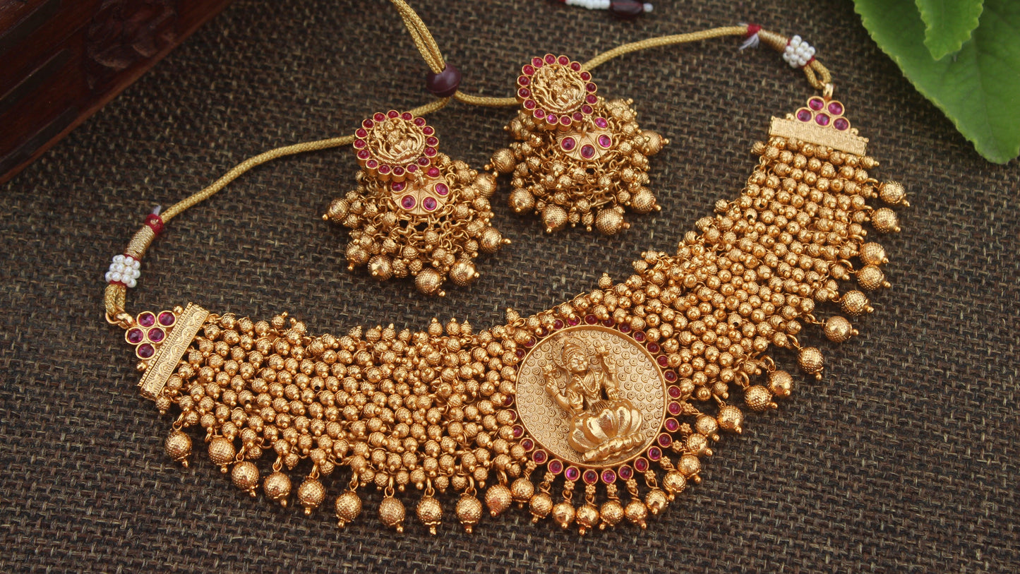 Heavy Antique Golden Beads & Balls Lakshmi Traditional Choker - Happy Pique 