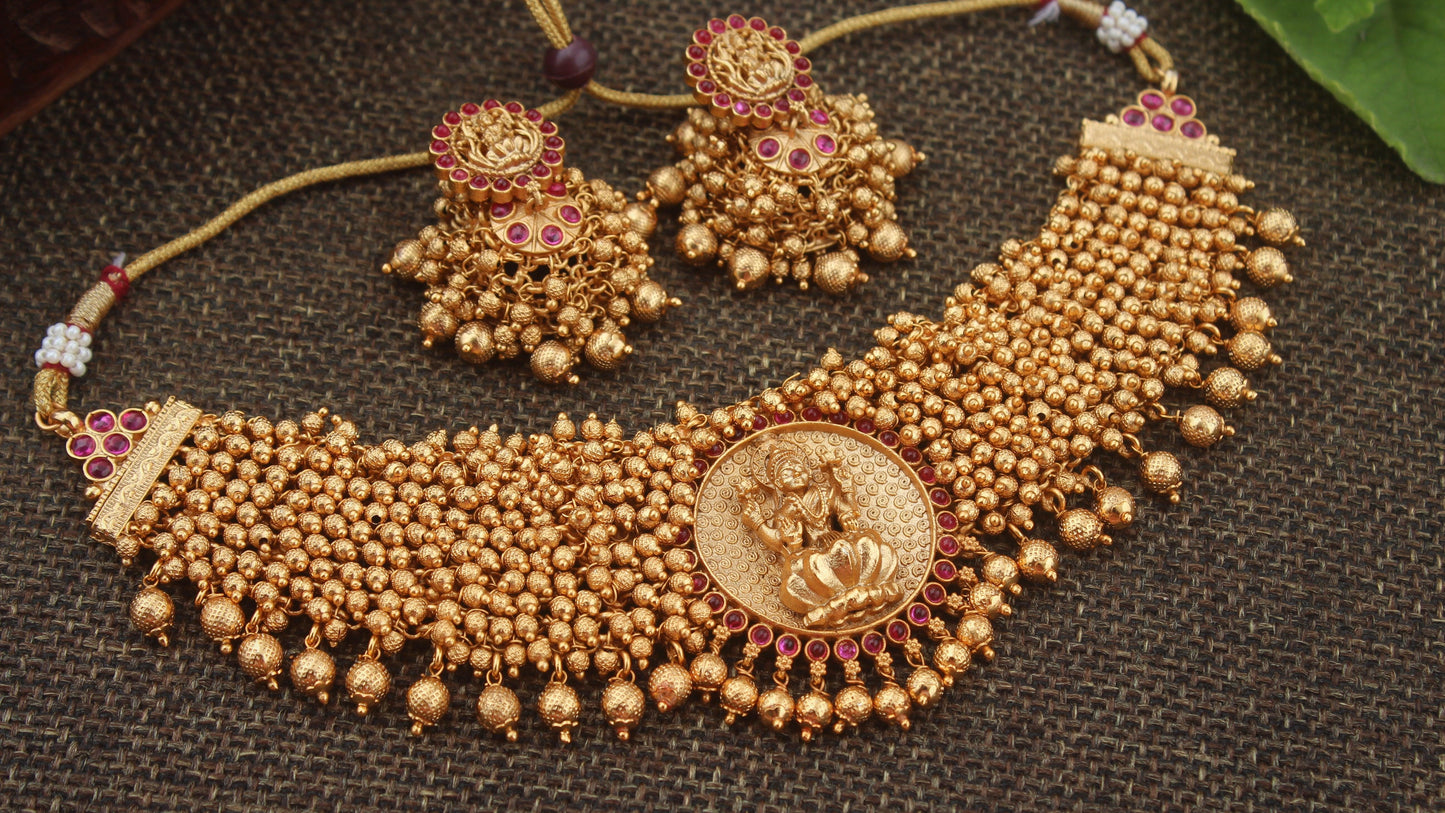 Heavy Antique Golden Beads & Balls Lakshmi Traditional Choker - Happy Pique 