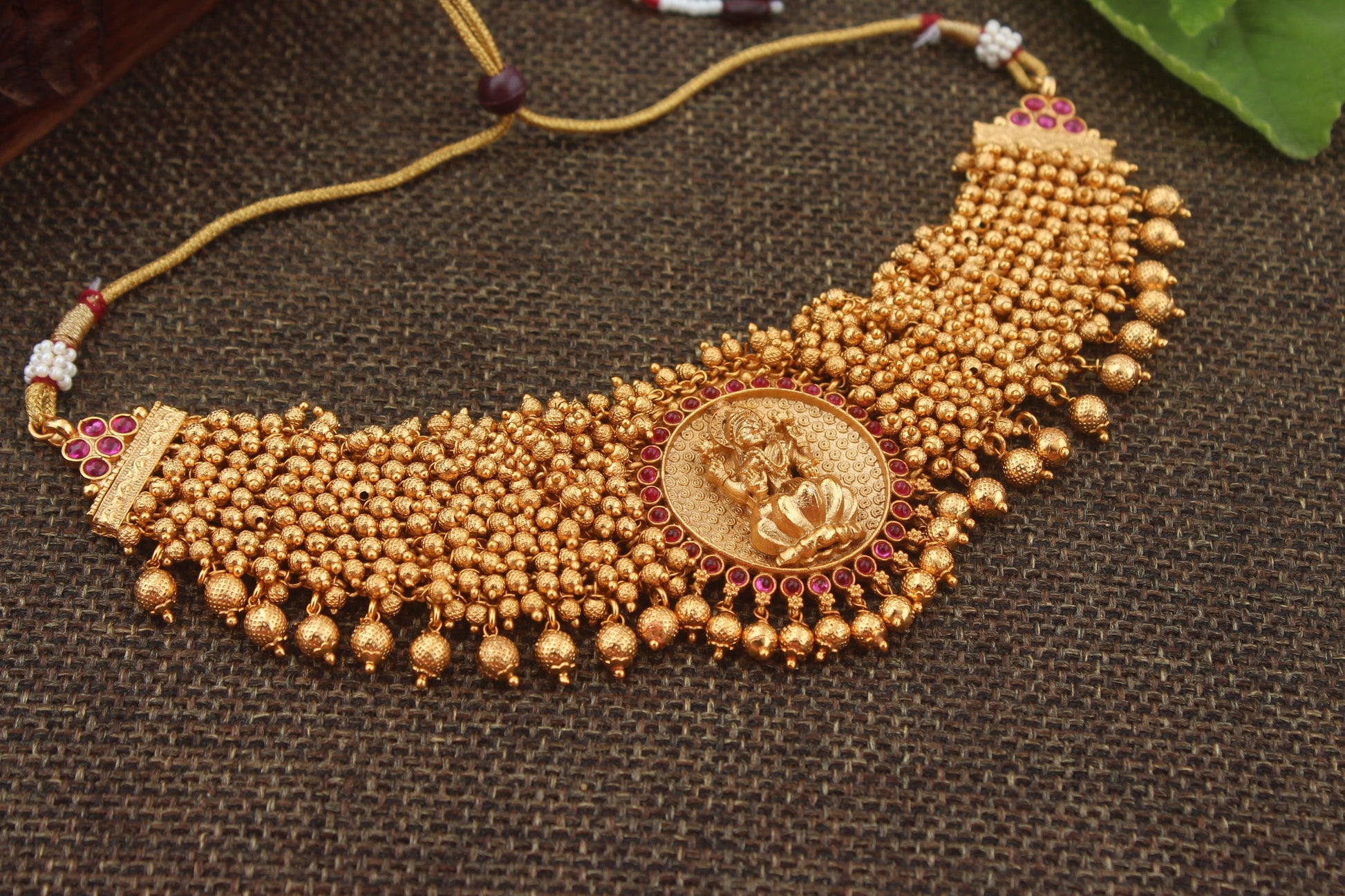 Heavy Antique Golden Beads & Balls Lakshmi Traditional Choker - Happy Pique 