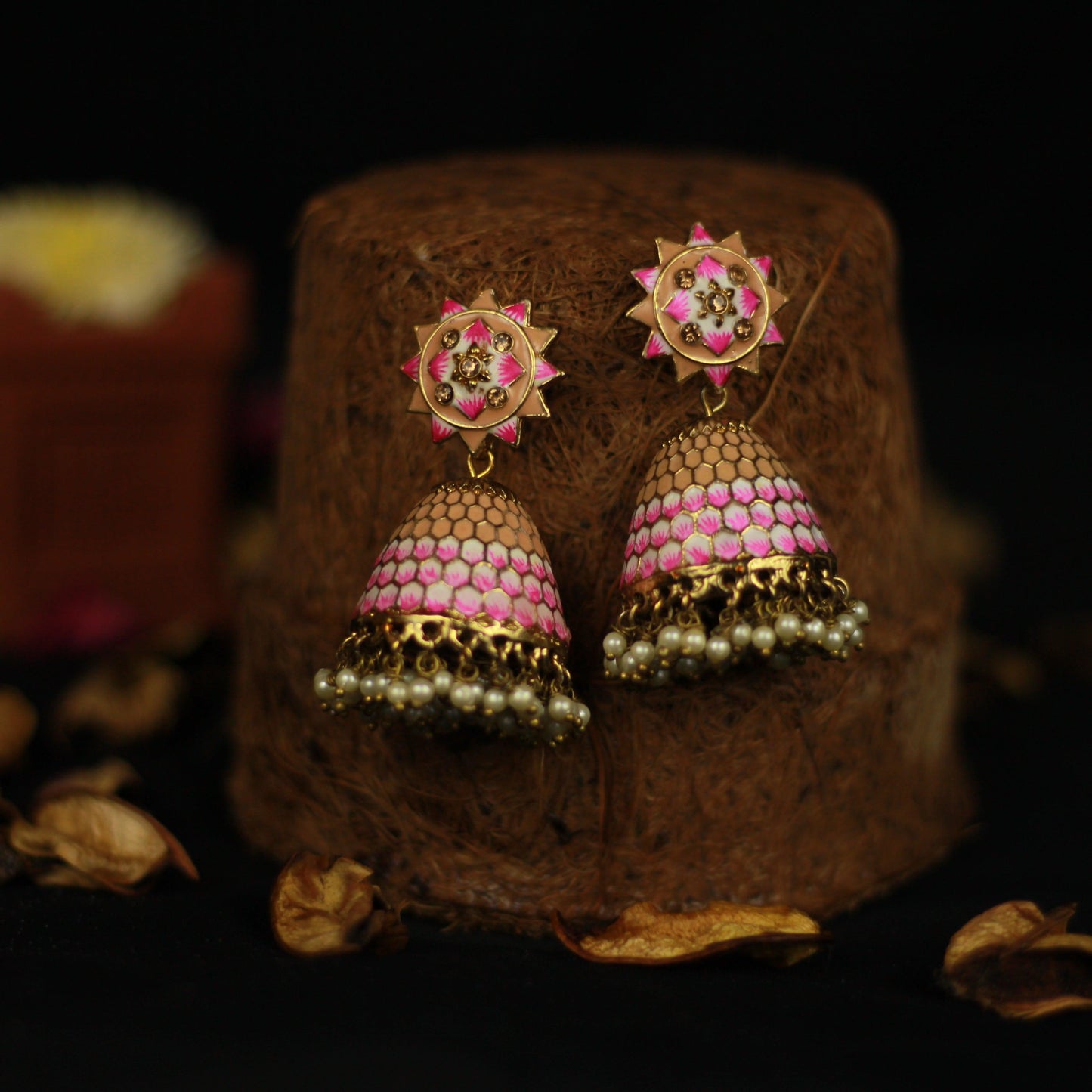 Honey Comb Meenakari Bollywood Festive Jhumkas - Biscuit & Rose - Happy Pique 