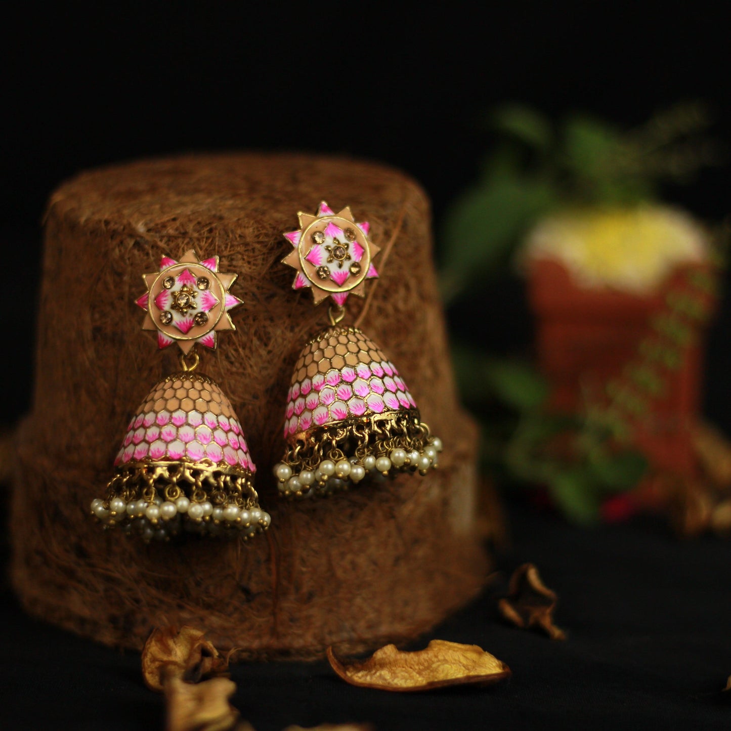 Honey Comb Meenakari Bollywood Festive Jhumkas - Biscuit & Rose - Happy Pique 