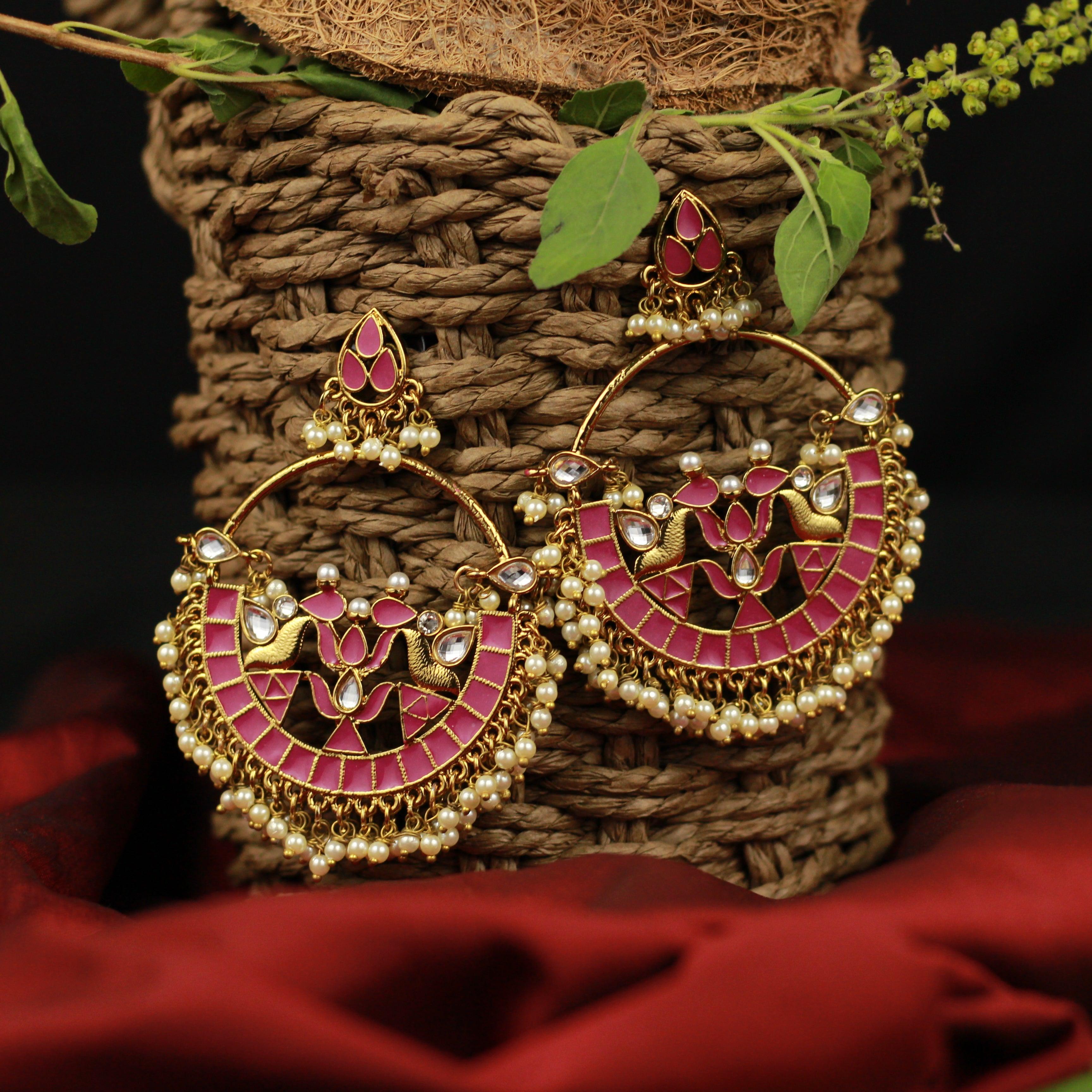 Big Kundans & Pearls Studded Festive Bollywood Style Chaandbali Earrings - Pink - Happy Pique 