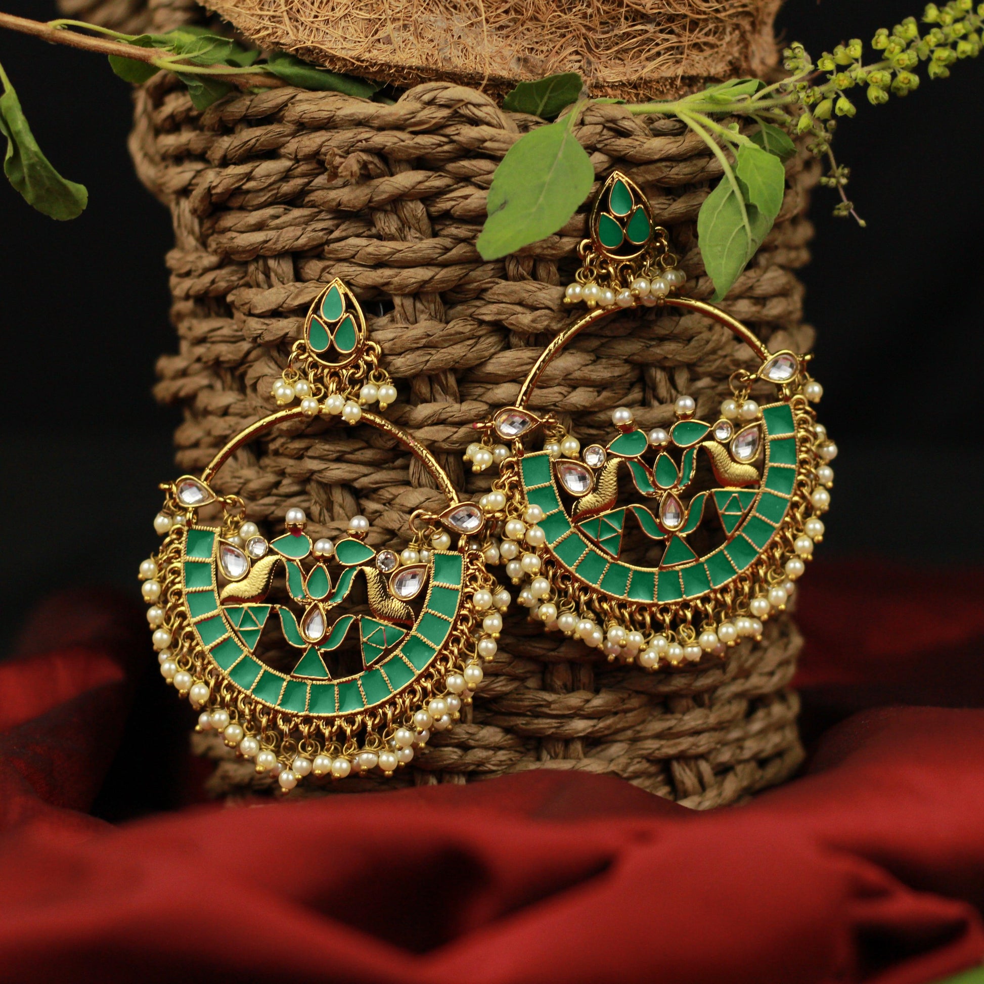 Big Kundans & Pearls Studded Festive Bollywood Style Chaandbali Earrings - Green - Happy Pique 