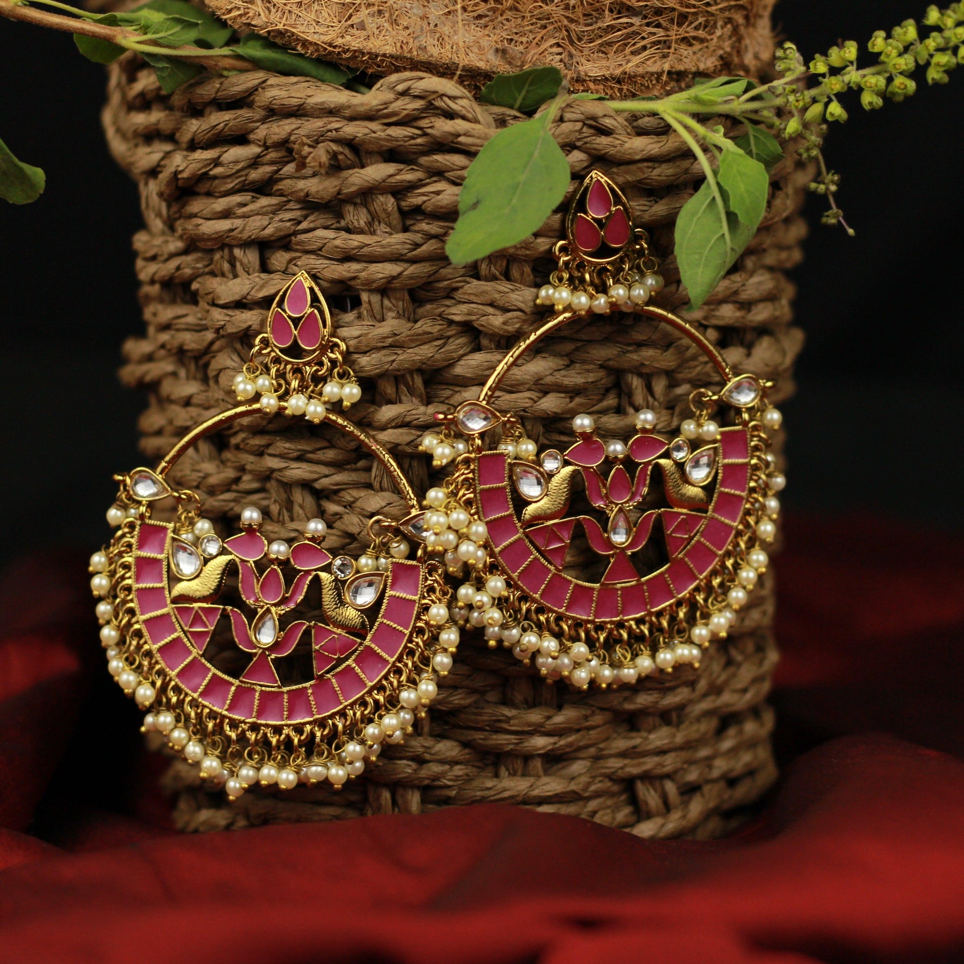 Big Kundans & Pearls Studded Festive Bollywood Style Chaandbali Earrings - Pink - Happy Pique 