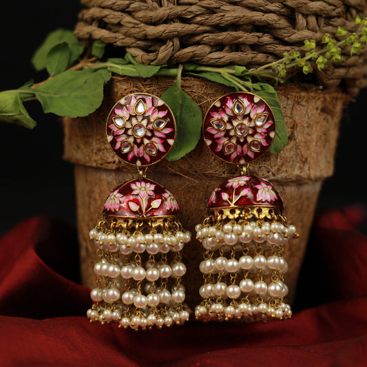 Flower Chakra Pearl Layer Bollywood Festive Jhumkas - Maroon - Happy Pique 