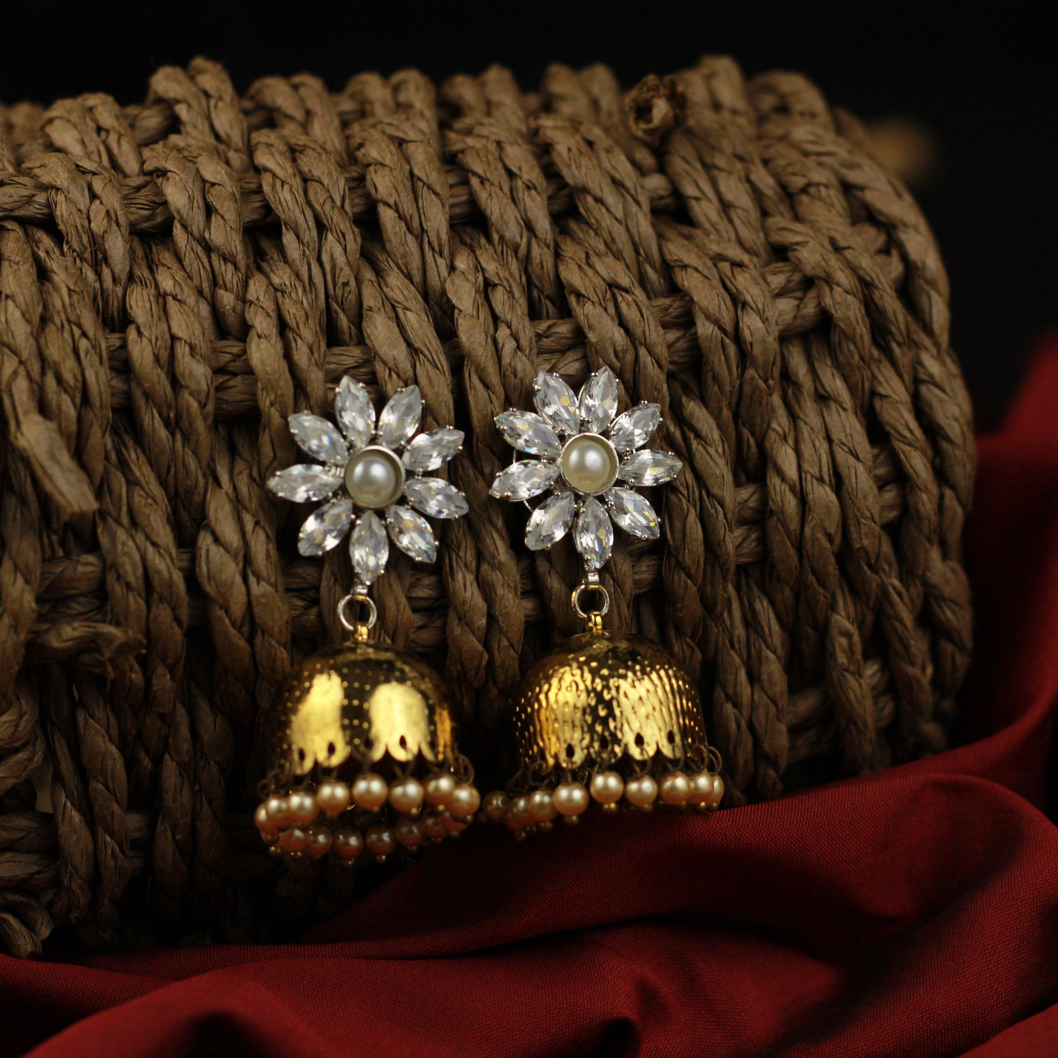 Elegant Ethnic AD Flower Jhumkas - Happy Pique 