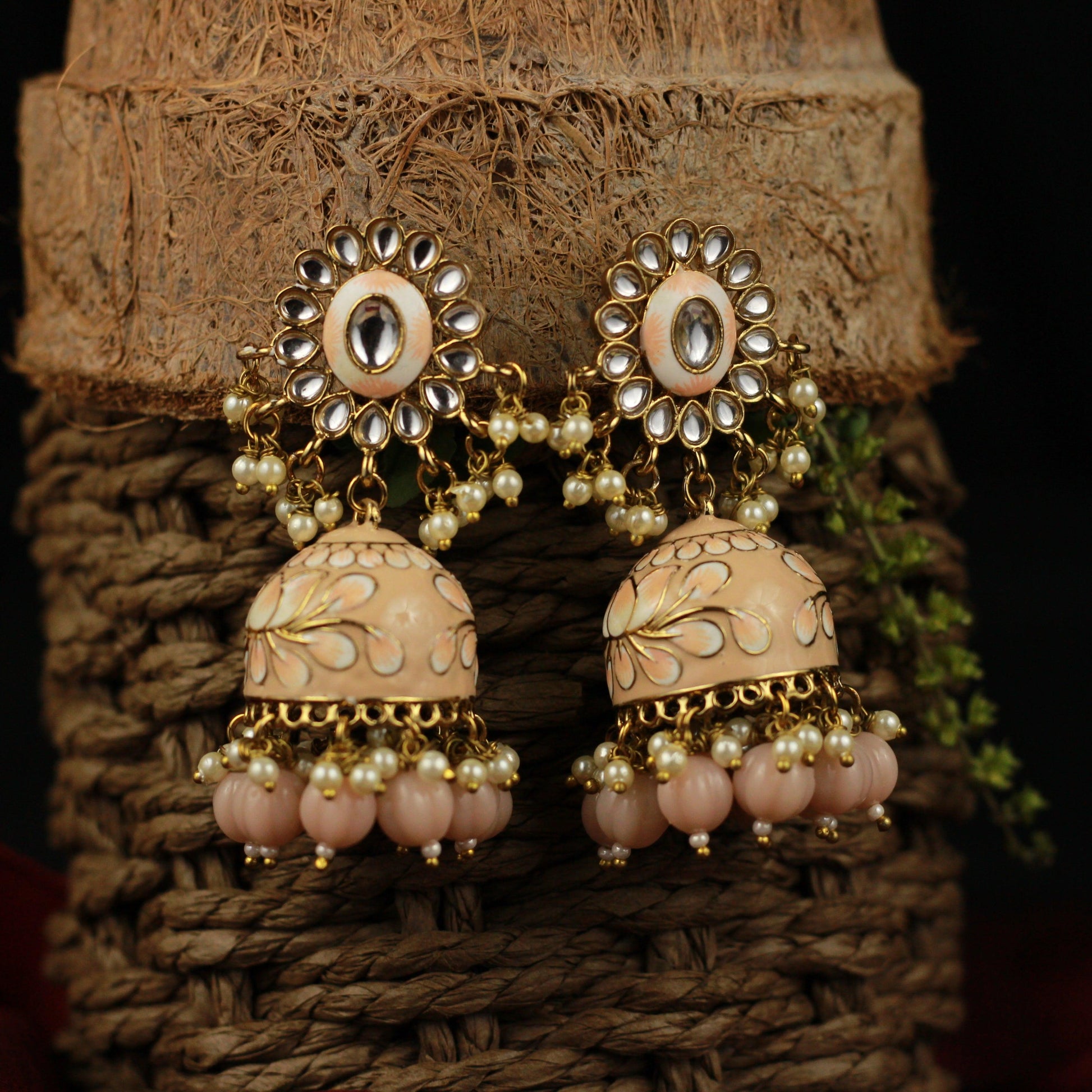 Beautiful Handpainted Floral Meenakari Kundan Top Jhumkas - Peach - Happy Pique 