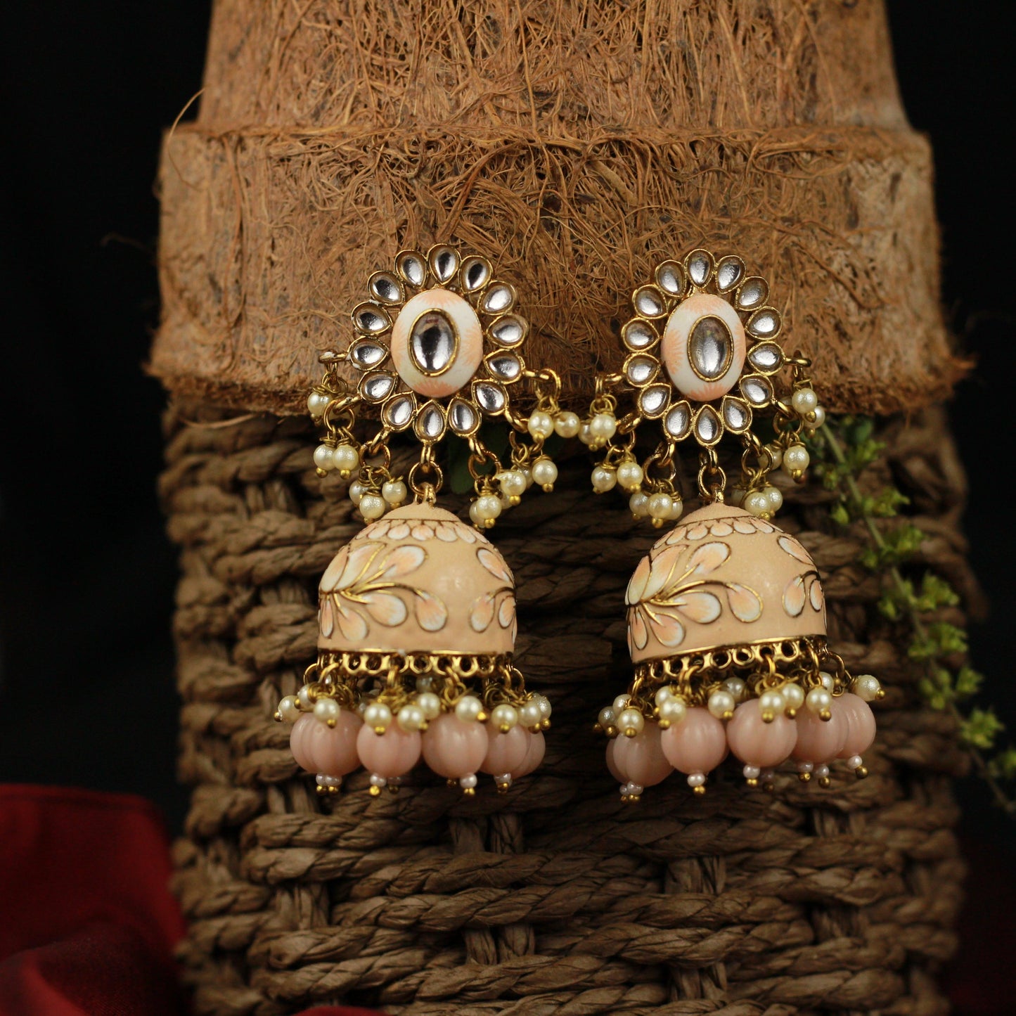 Beautiful Handpainted Floral Meenakari Kundan Top Jhumkas - Peach - Happy Pique 