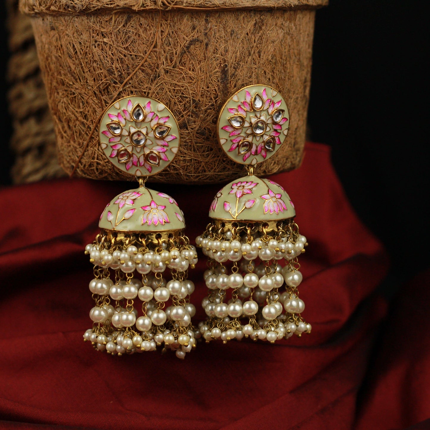 Flower Chakra Pearl Layer Bollywood Festive Jhumkas - Pista Green - Happy Pique 