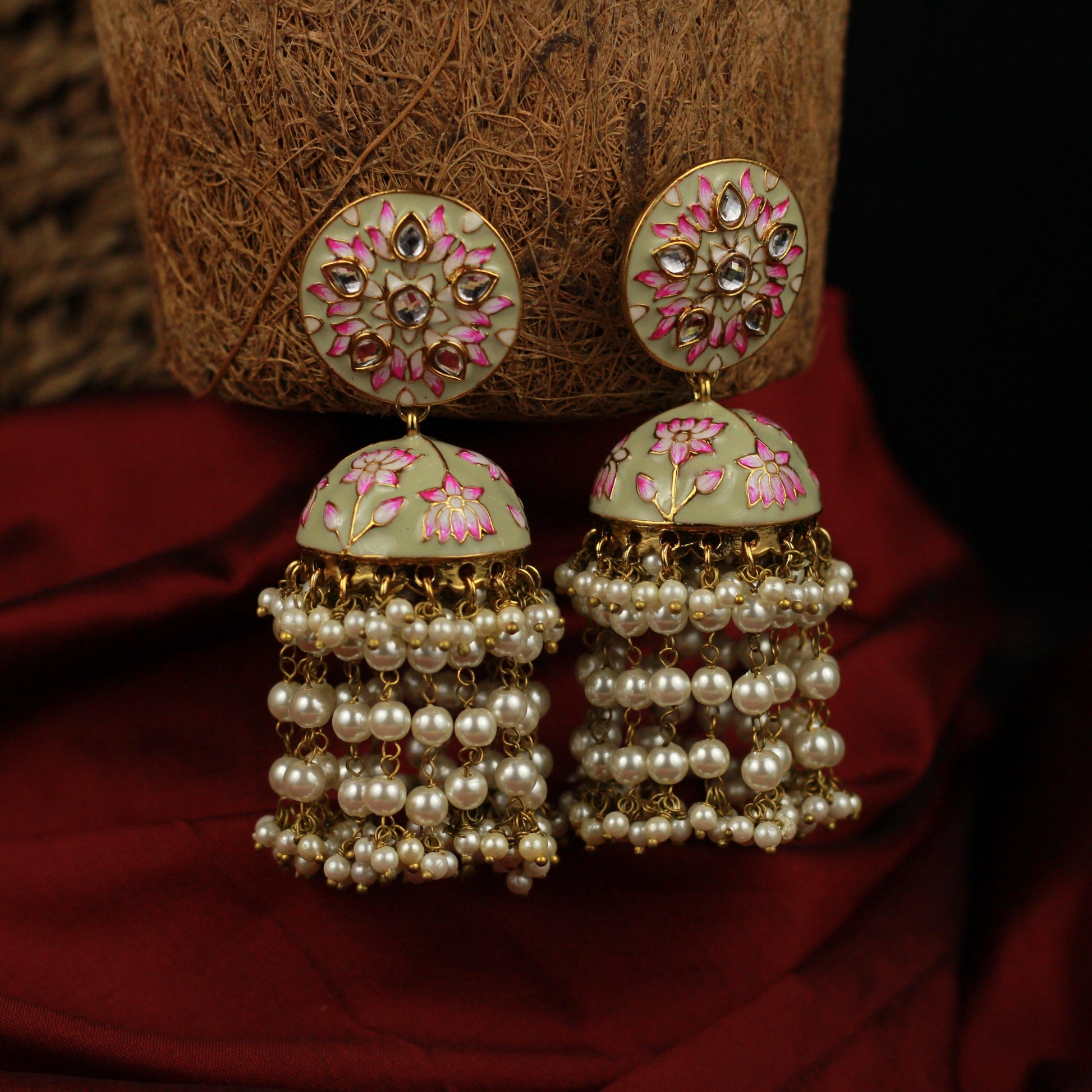 Flower Chakra Pearl Layer Bollywood Festive Jhumkas - Pista Green - Happy Pique 