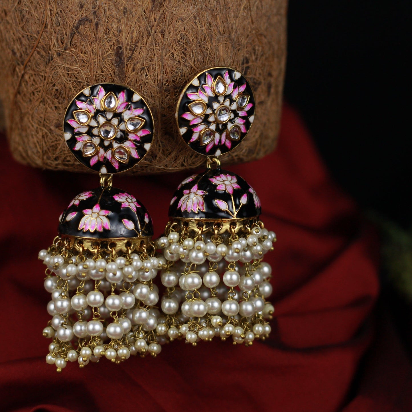 Flower Chakra Pearl Layer Bollywood Festive Jhumkas - Black - Happy Pique 