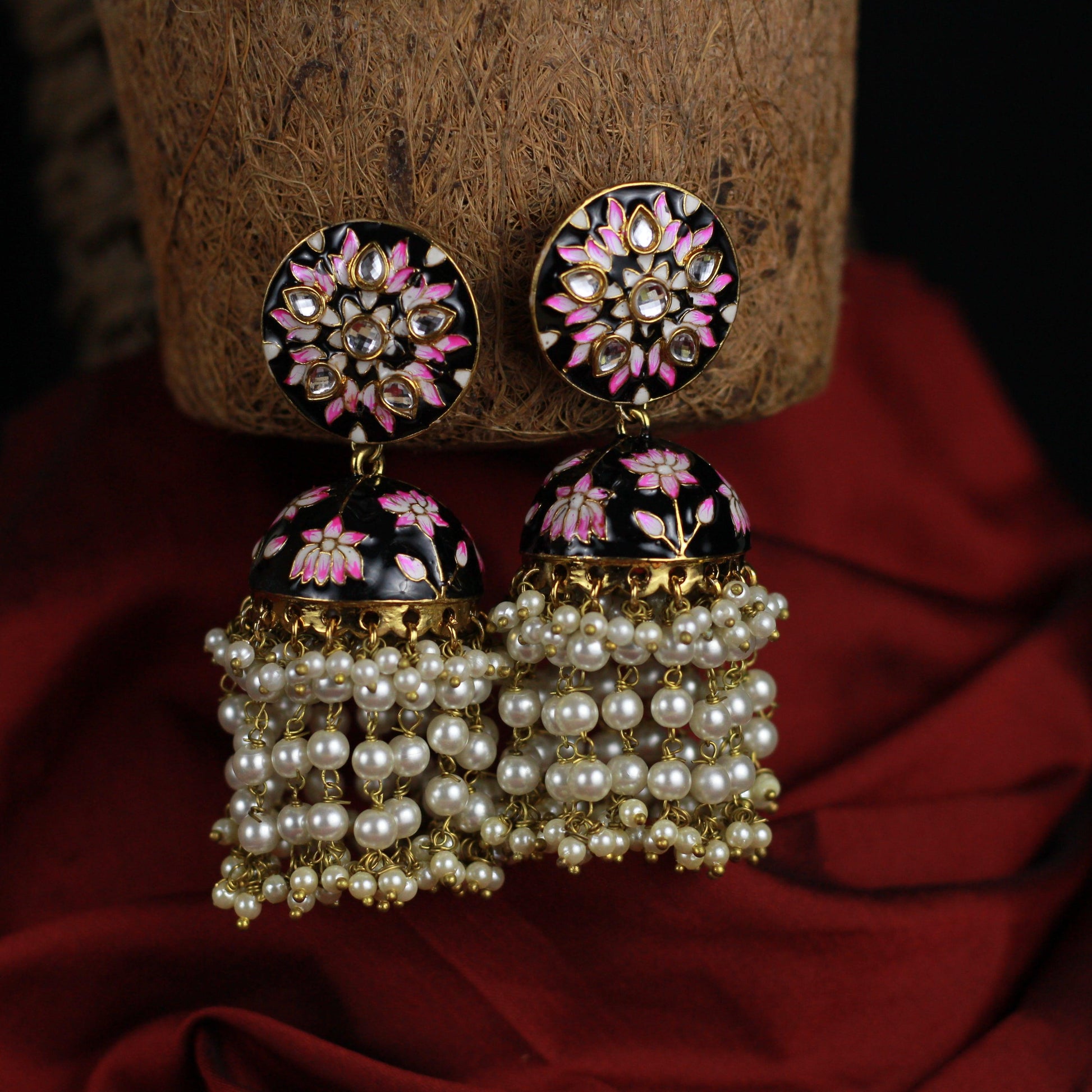 Flower Chakra Pearl Layer Bollywood Festive Jhumkas - Black - Happy Pique 