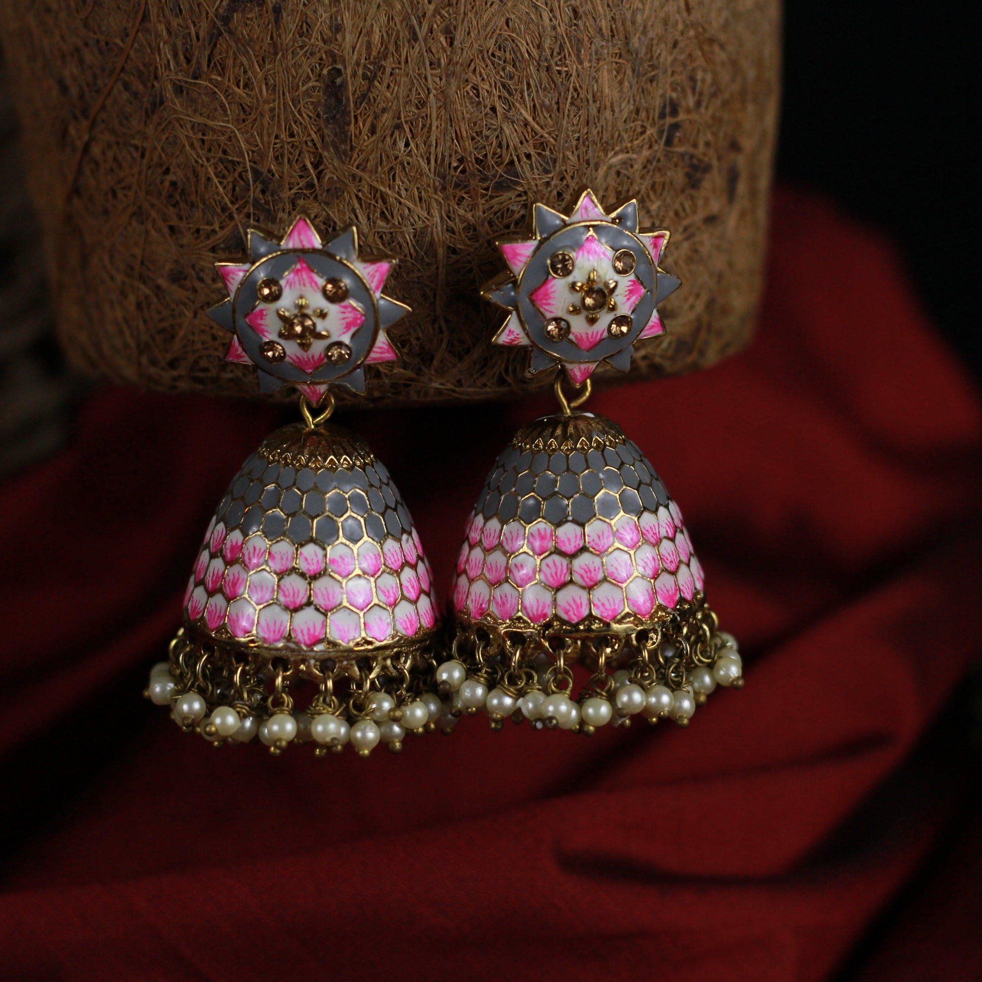 Honey Comb Meenakari Bollywood Festive Jhumkas - Grey & Rose - Happy Pique 