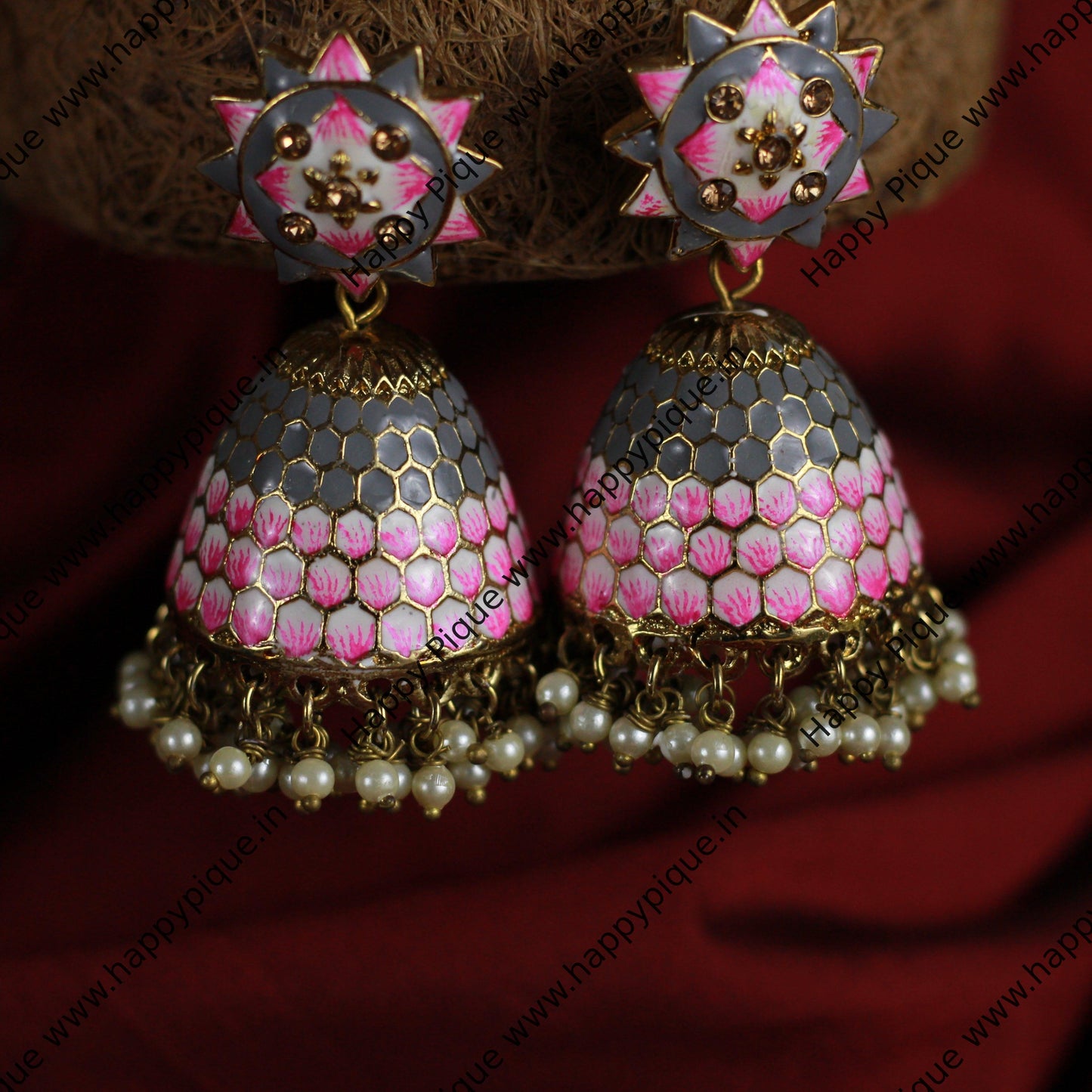 Honey Comb Meenakari Bollywood Festive Jhumkas - Grey & Rose - Happy Pique 