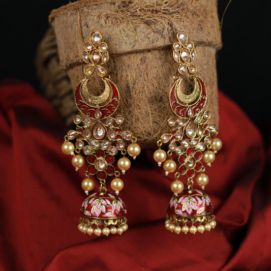 Long CZ Stones Studded Bollywood Chaandini Jhumkas - Red - Happy Pique 