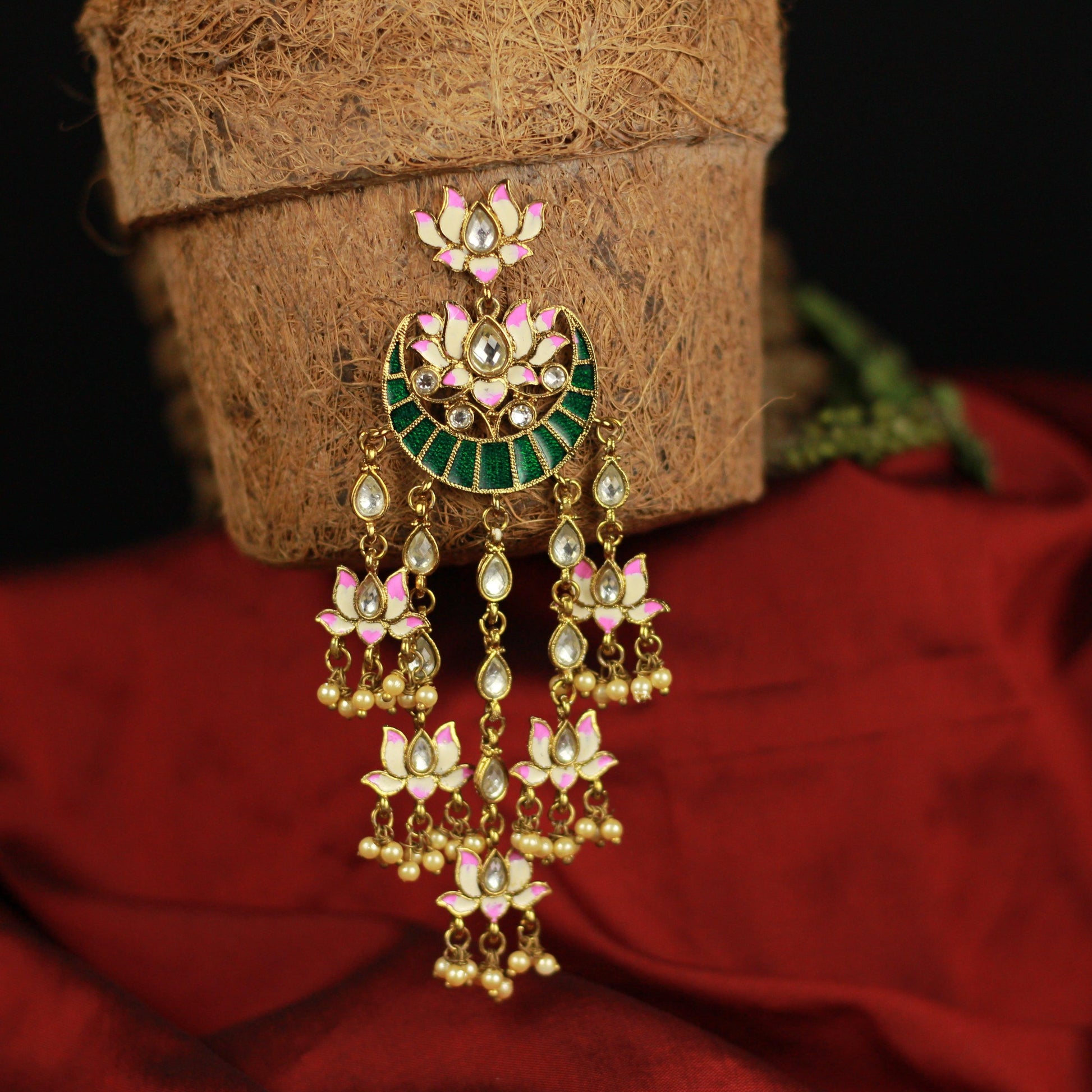 Hand-Painted Meenakari Lotus Kundan Flare Drops - Green - Happy Pique 