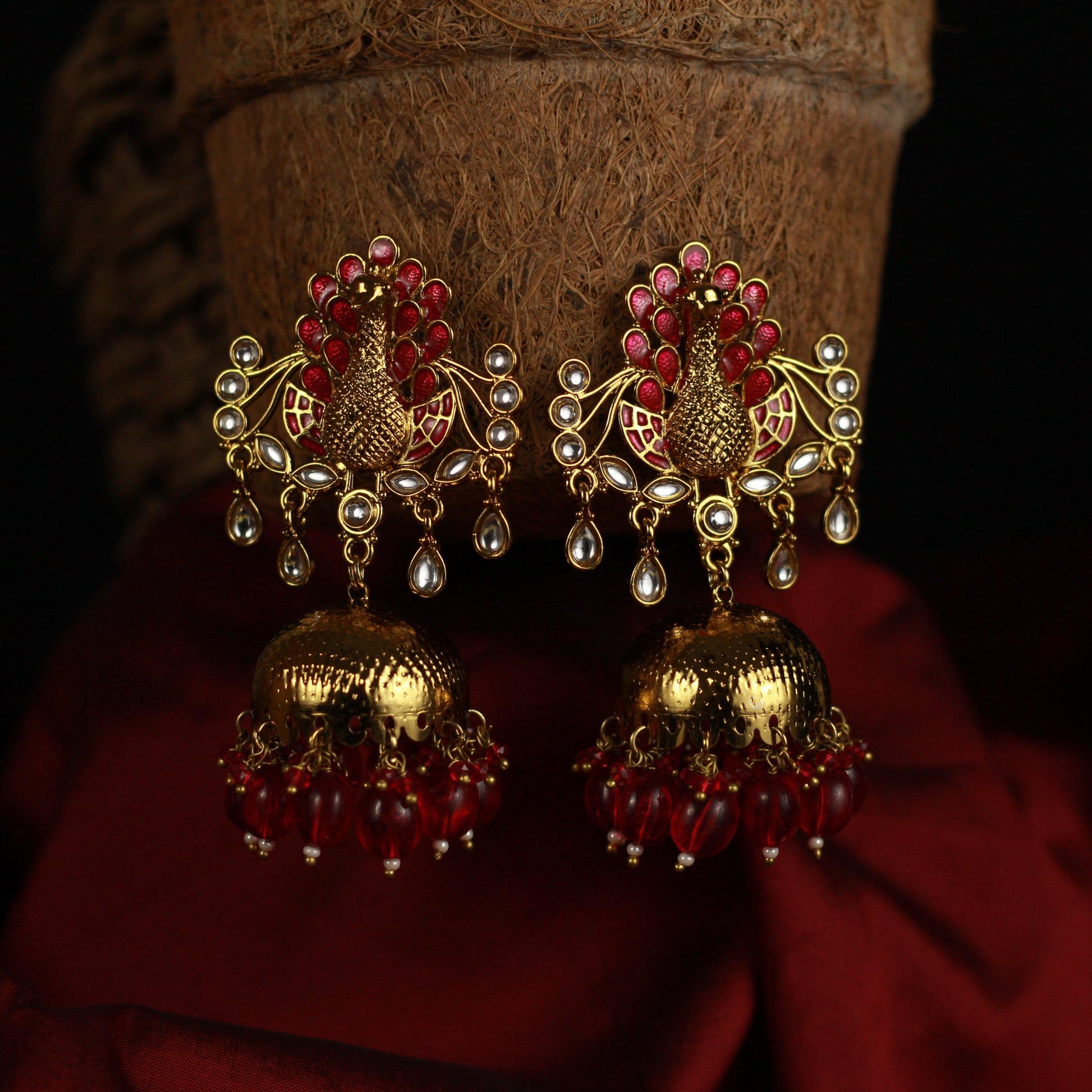 Kundan Peacock Top Bollywood Festive Jhumkas - Red - Happy Pique 