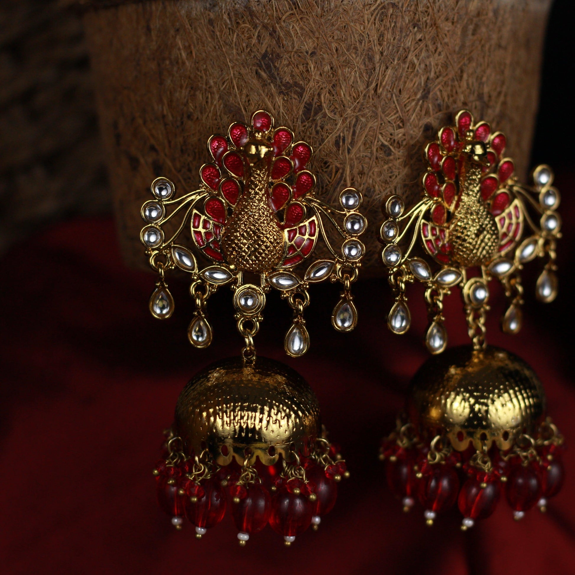 Kundan Peacock Top Bollywood Festive Jhumkas - Red - Happy Pique 