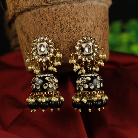 Beautiful Handpainted Floral Meenakari Kundan Top Jhumkas - Black - Happy Pique 