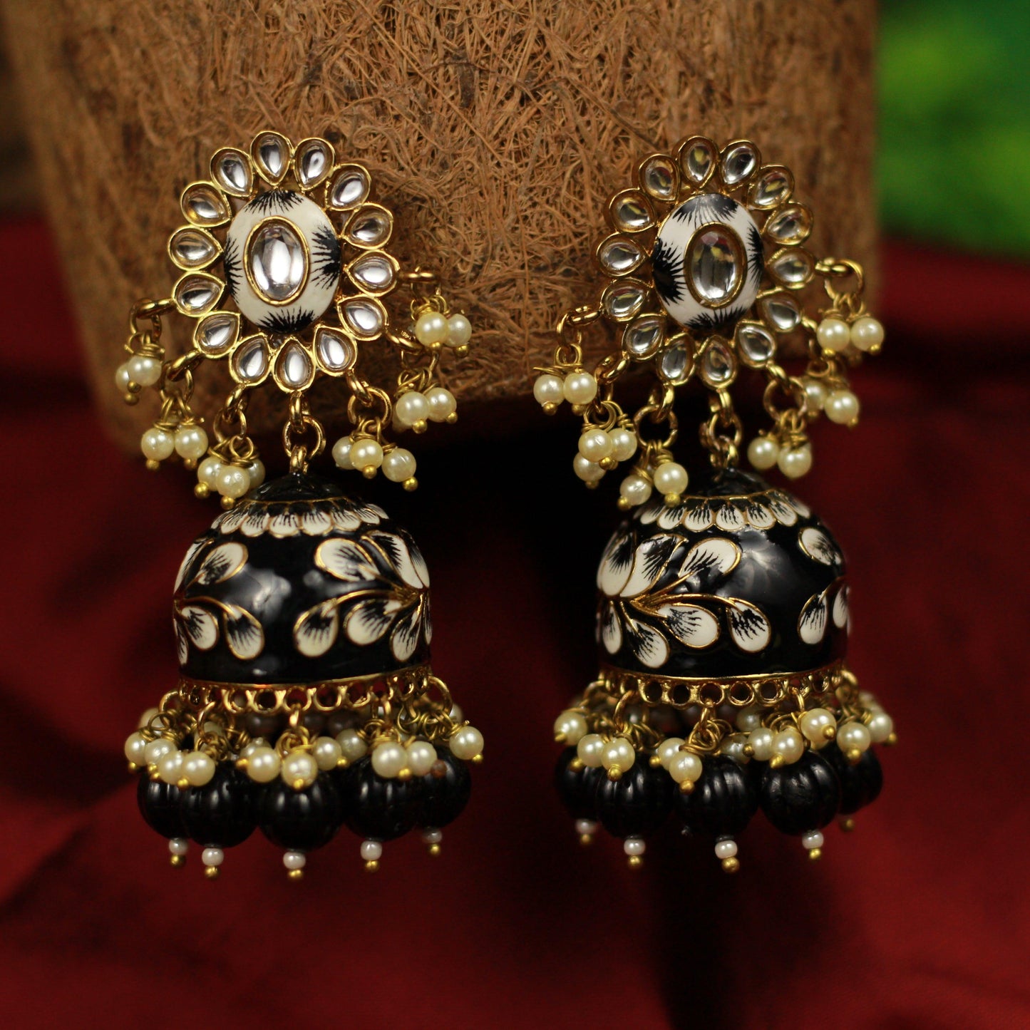 Beautiful Handpainted Floral Meenakari Kundan Top Jhumkas - Black - Happy Pique 