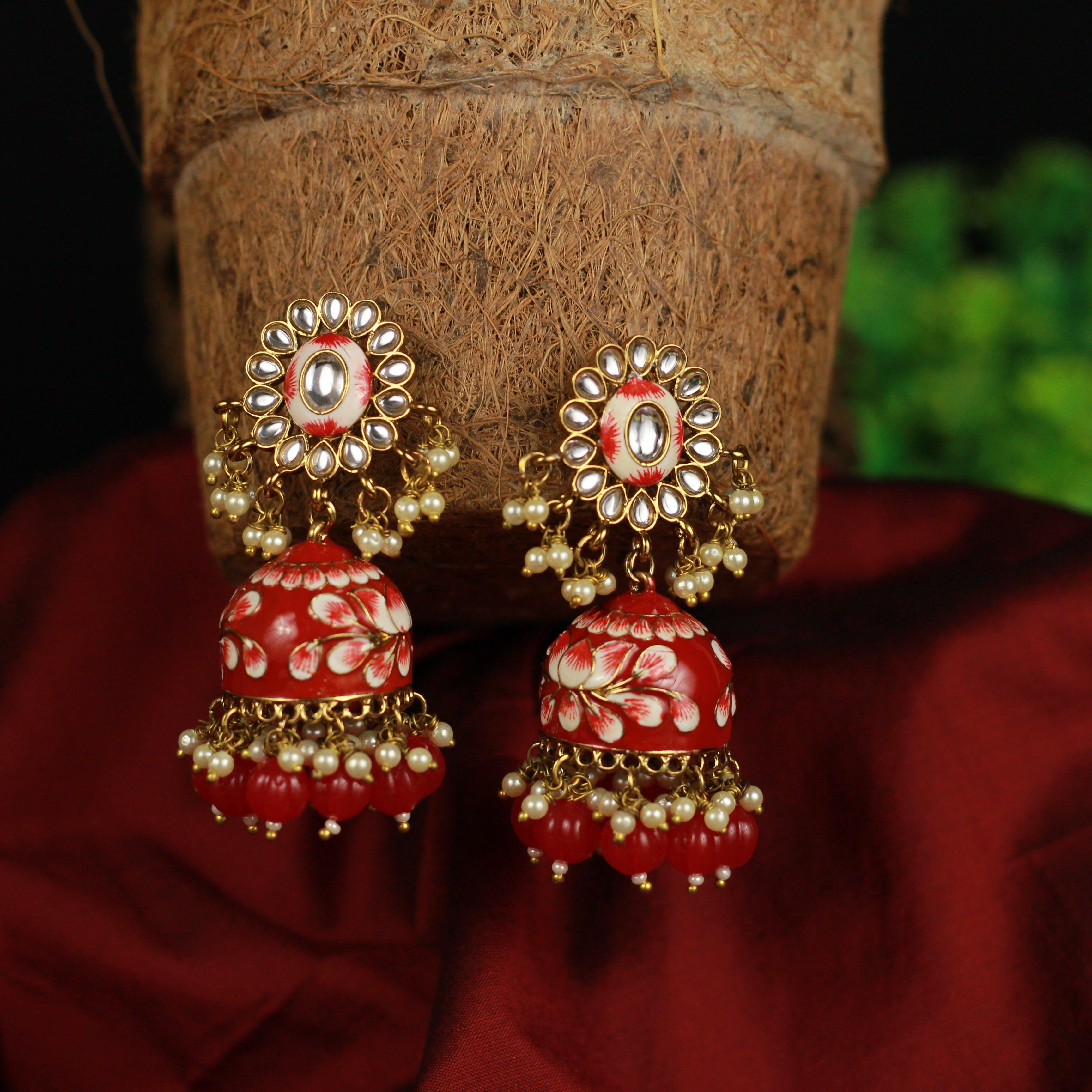 Beautiful Handpainted Floral Meenakari Kundan Top Jhumkas - Hot Red - Happy Pique 