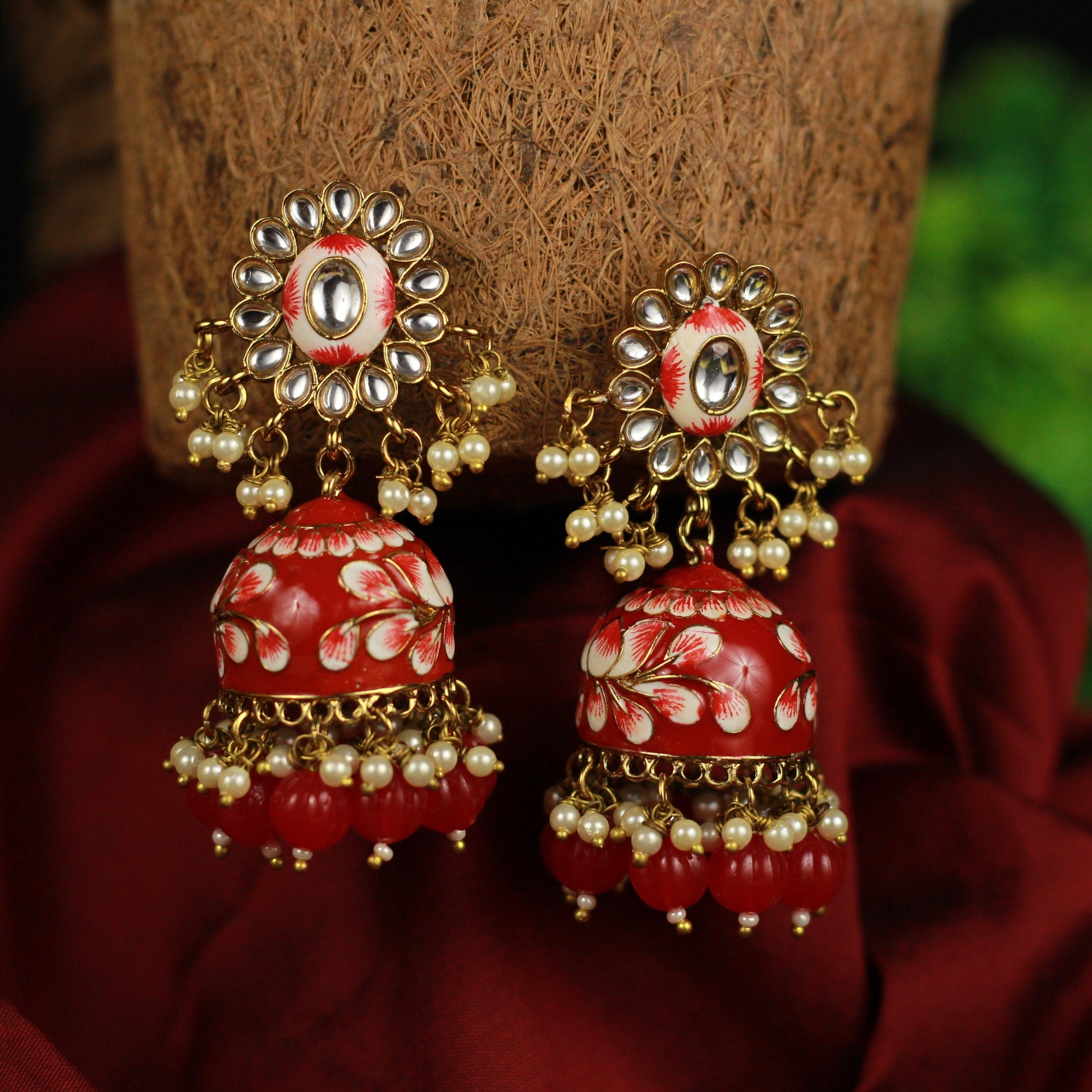 Beautiful Handpainted Floral Meenakari Kundan Top Jhumkas - Hot Red - Happy Pique 