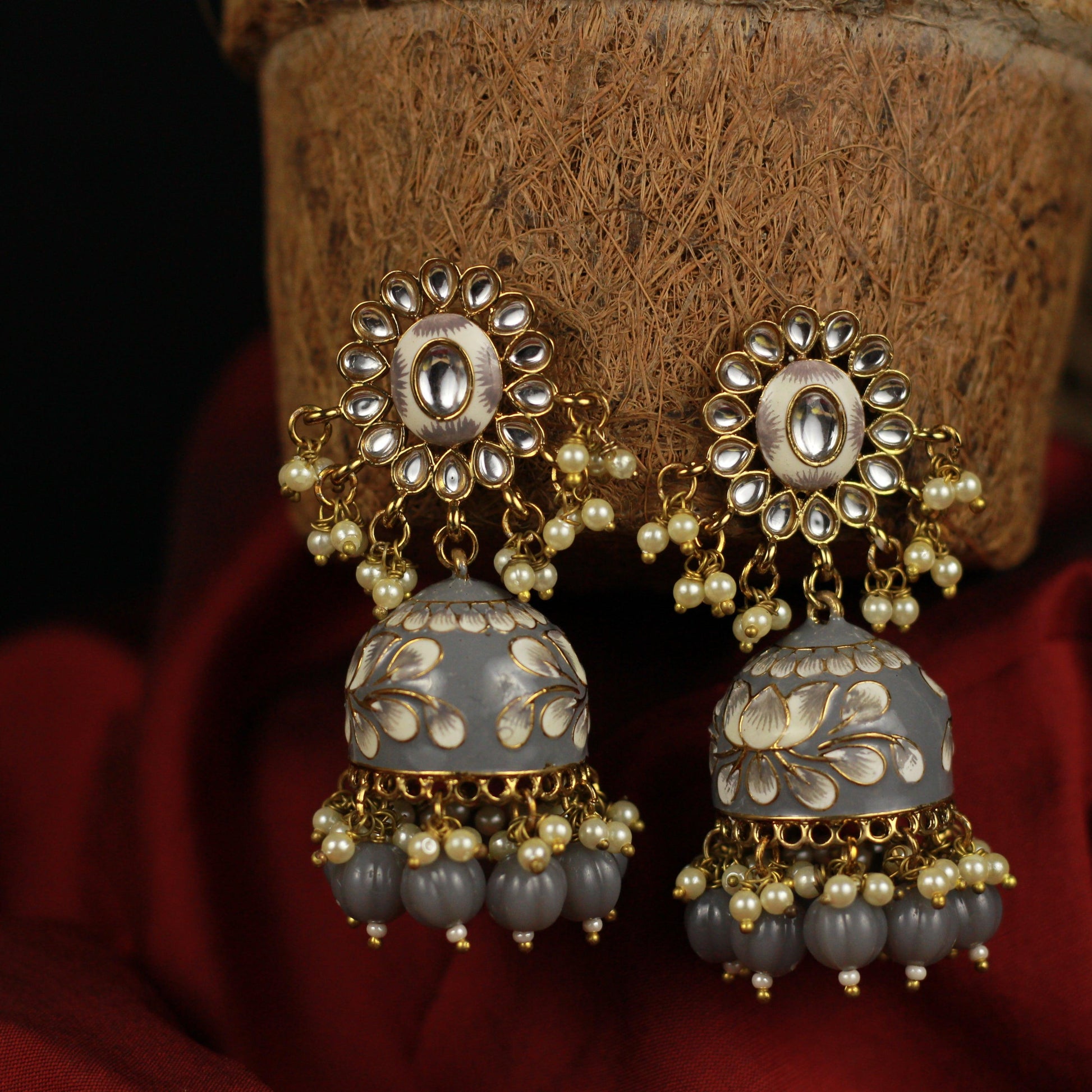 Beautiful Handpainted Floral Meenakari Kundan Top Jhumkas - Grey - Happy Pique 