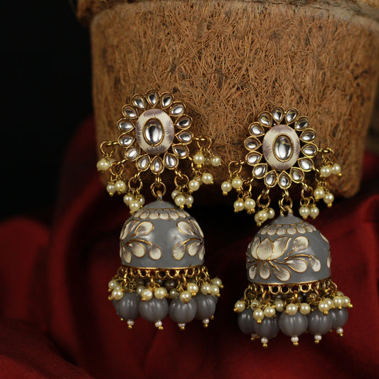 Beautiful Handpainted Floral Meenakari Kundan Top Jhumkas - Grey - Happy Pique 